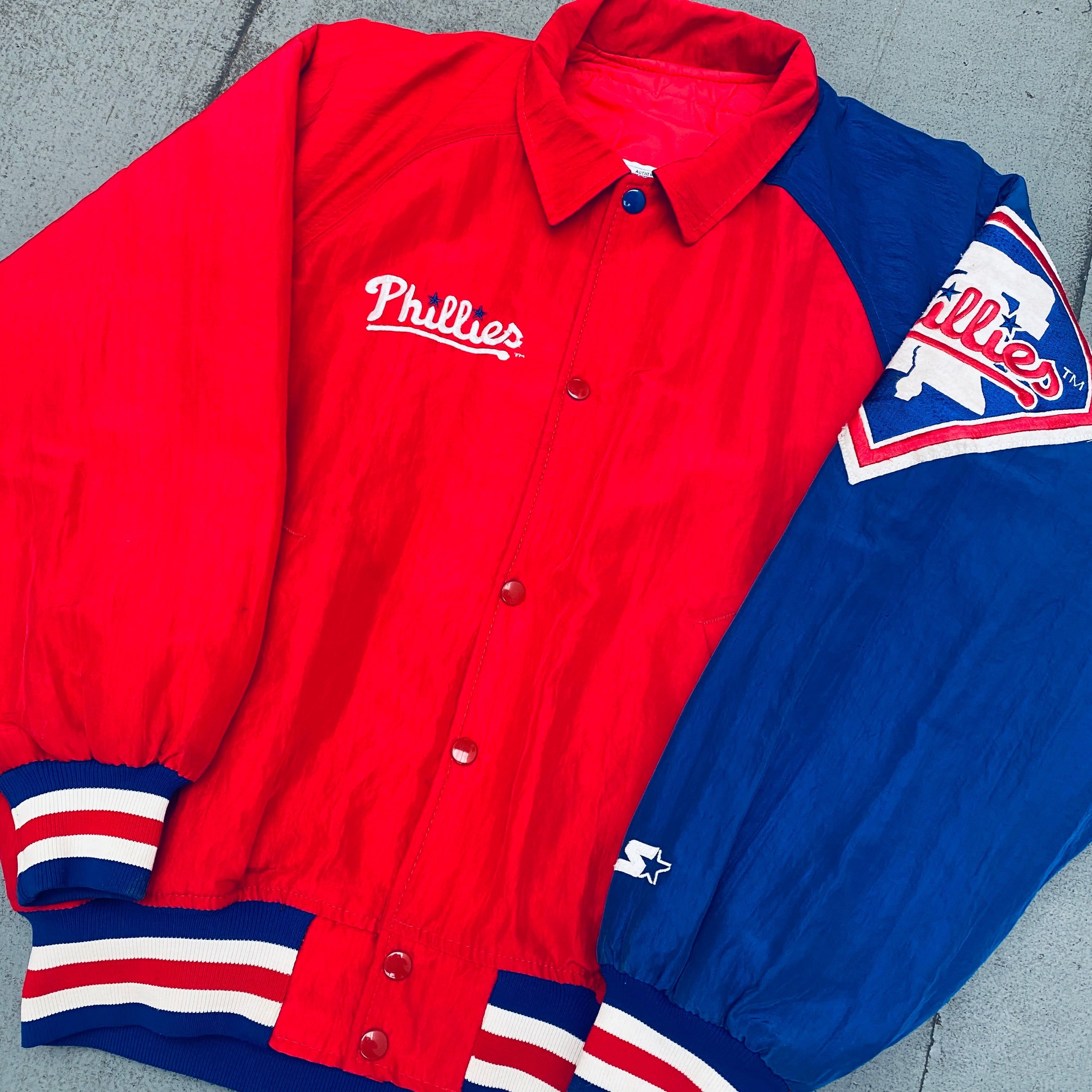 Philadelphia Phillies 1990s Vintage Diamond Collection Dugout Starter Bomber Jacket for Men (Medium/Large) - Retro Baseball Outerwear for Game Day & Casual Streetwear