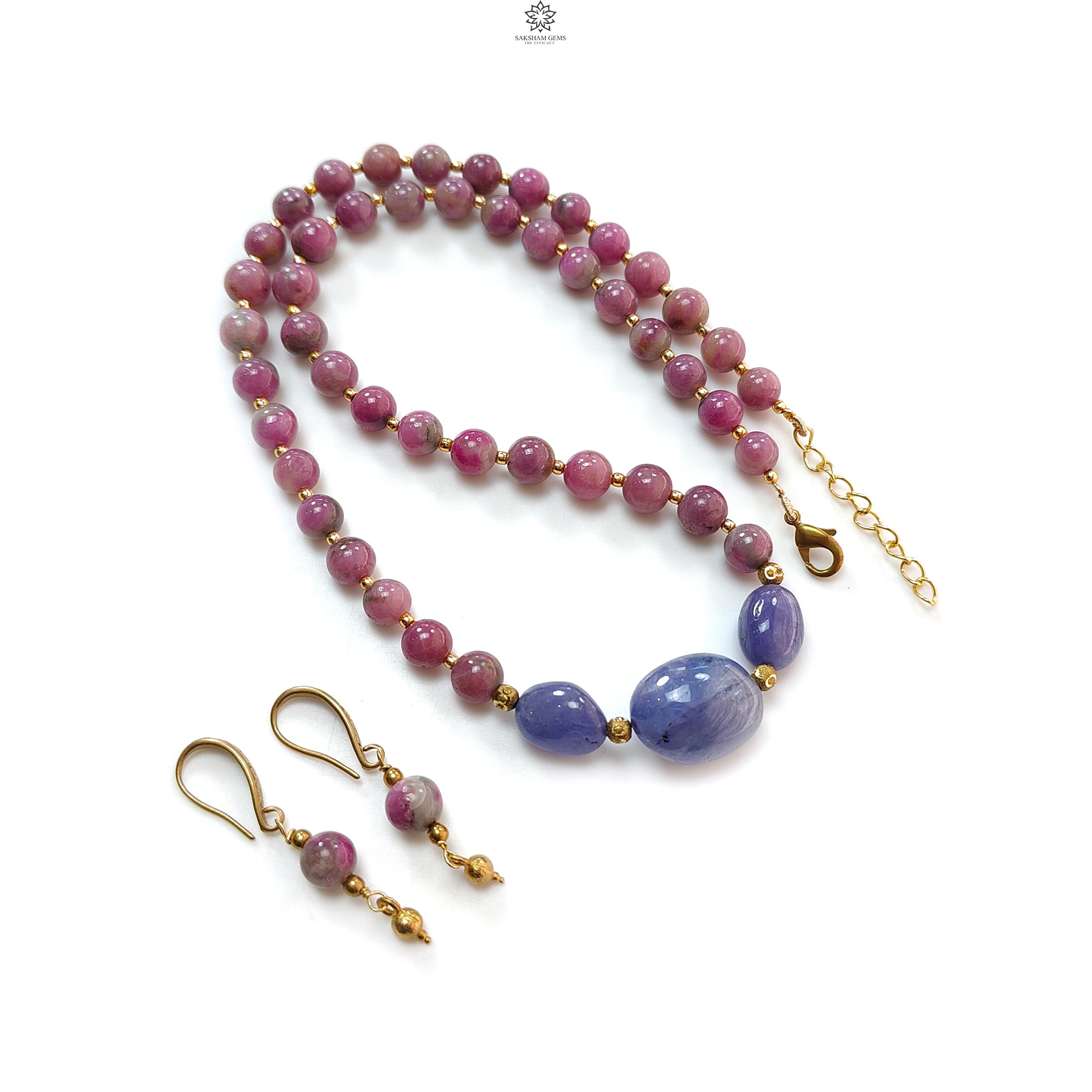 Natural Untreated Bi-Color Ruby & Tanzanite Jewelry Set - 261.10cts Zoisite Ruby Round Brass Necklace & Earrings (8mm, 19