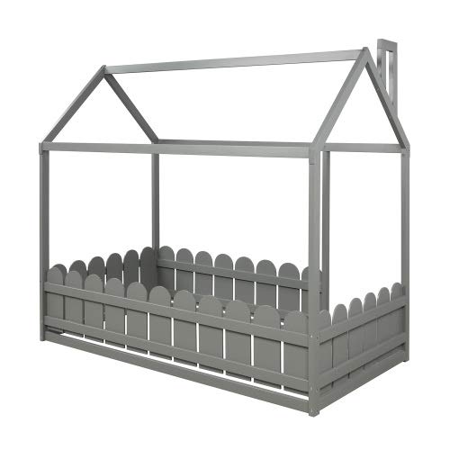 Wooden Twin Bed Frame with Safety Fence - Cabin Style Floor Bed for Kids, Nursery Furniture & Play Tent (Gray) | Perfect for Toddler Rooms, Montessori Bedrooms & Cozy Play Areas