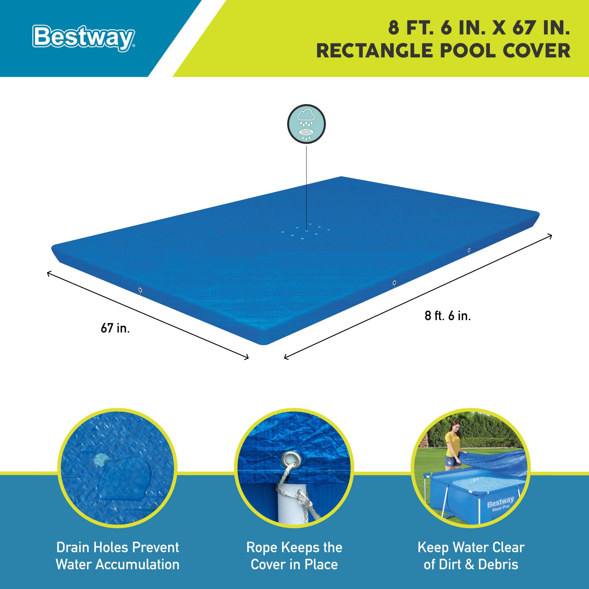 Bestway Flowclear Pro Rectangular Above Ground Swimming Pool Cover - Durable & UV-Resistant, Fits Steel Pro Pools, Outdoor Swimming Pool Protection (Blue) | Perfect for Backyard, Patio, and Summer Pool Maintenance