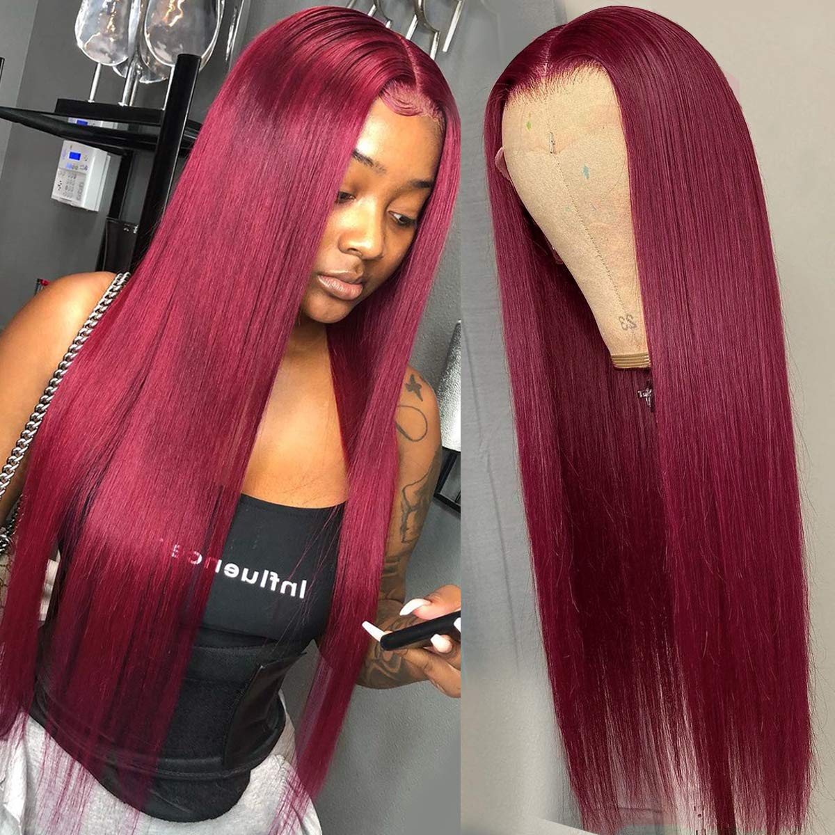 SUPERNOVA 99J Burgundy Lace Front Wig - 18 Inch Brazilian Virgin Human Hair with 4x4 Lace Closure, Pre-Plucked Hairline & Baby Hair - 150% Density Long Straight Red Wig for Black Women | Perfect for Daily Wear, Cosplay, and Special Occasions