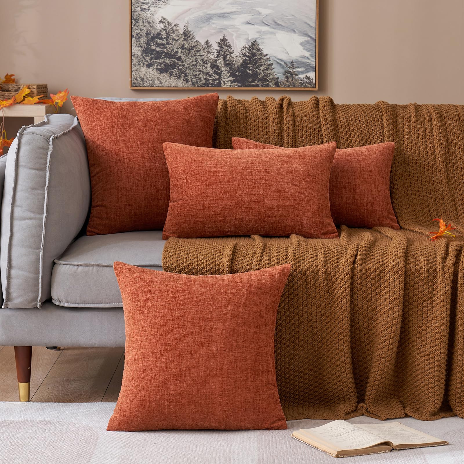 MIULEE 2-Pack 18x18 Inch Soft Burnt Orange Chenille Throw Pillow Covers for Couch, Sofa & Living Room - Solid Dyed Decorative Pillow Cases - Perfect for Home Decor, Cozy Accents & Seasonal Styling