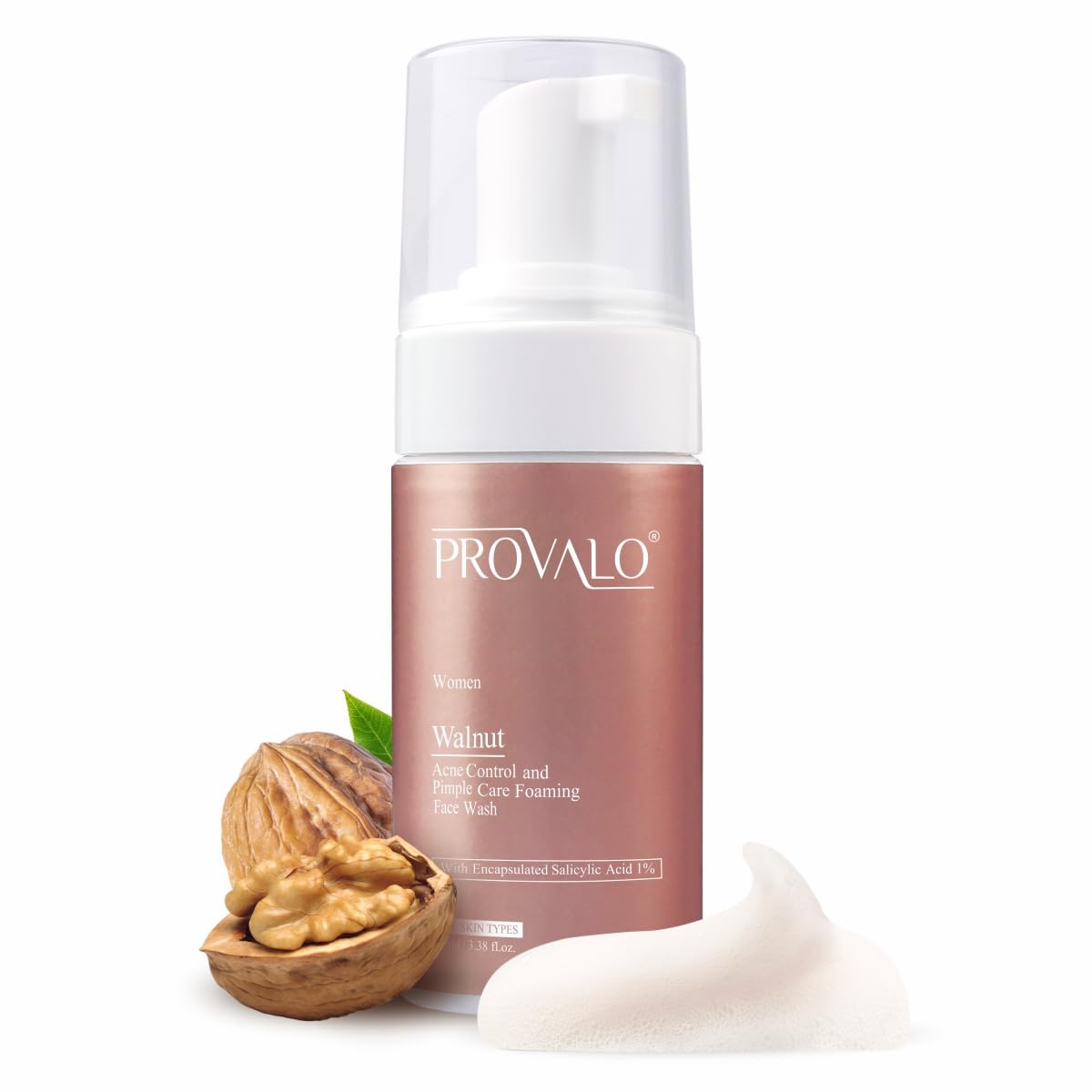 Provalo Women's Foaming Face Wash for Acne & Pimples - 1% Salicylic Acid & Walnut Extract for Skin Brightening & Glowing Complexion | Oily, Acne-Prone & Dry Skin Care | 100ml | Perfect for Daily Cleansing & Acne Treatment Routine