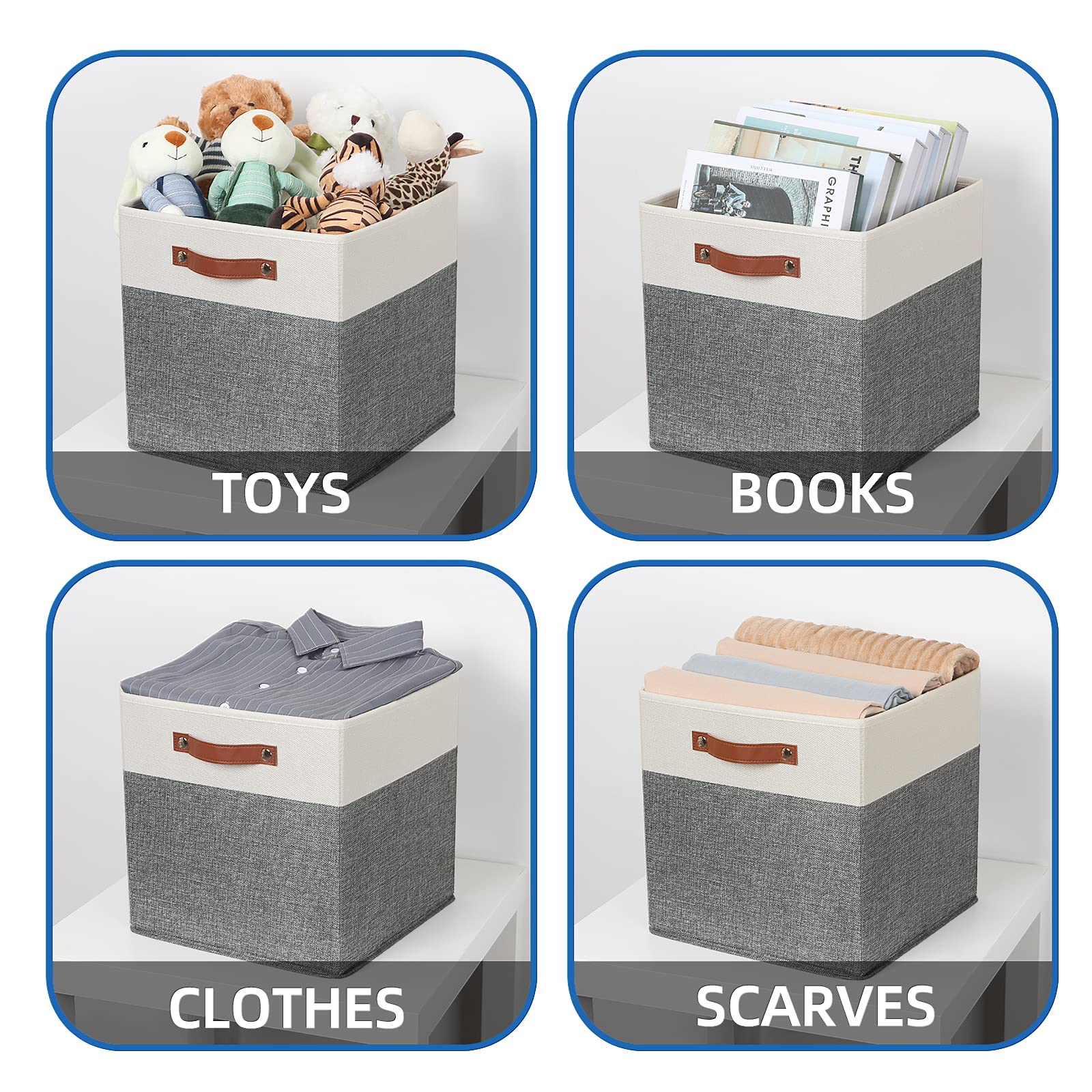 Temary 13x13 Storage Cubes 4 Pack - Large Fabric Cube Storage Bins with Leather Handles, Foldable Cloth Baskets for Shelves - Perfect for Organizing Closet, Clothes, Toys & Home Decor - Ideal for Bedroom, Nursery & Office Organization