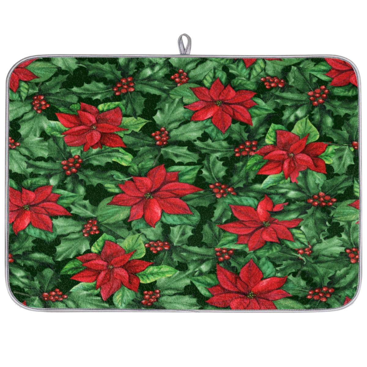 Christmas Flowers Dish Drying Mat - 16x18 Inch Absorbent Kitchen Countertop Drainer Pad with Holly Berries Design | Perfect for Holiday Dishwashing & Counter Protection