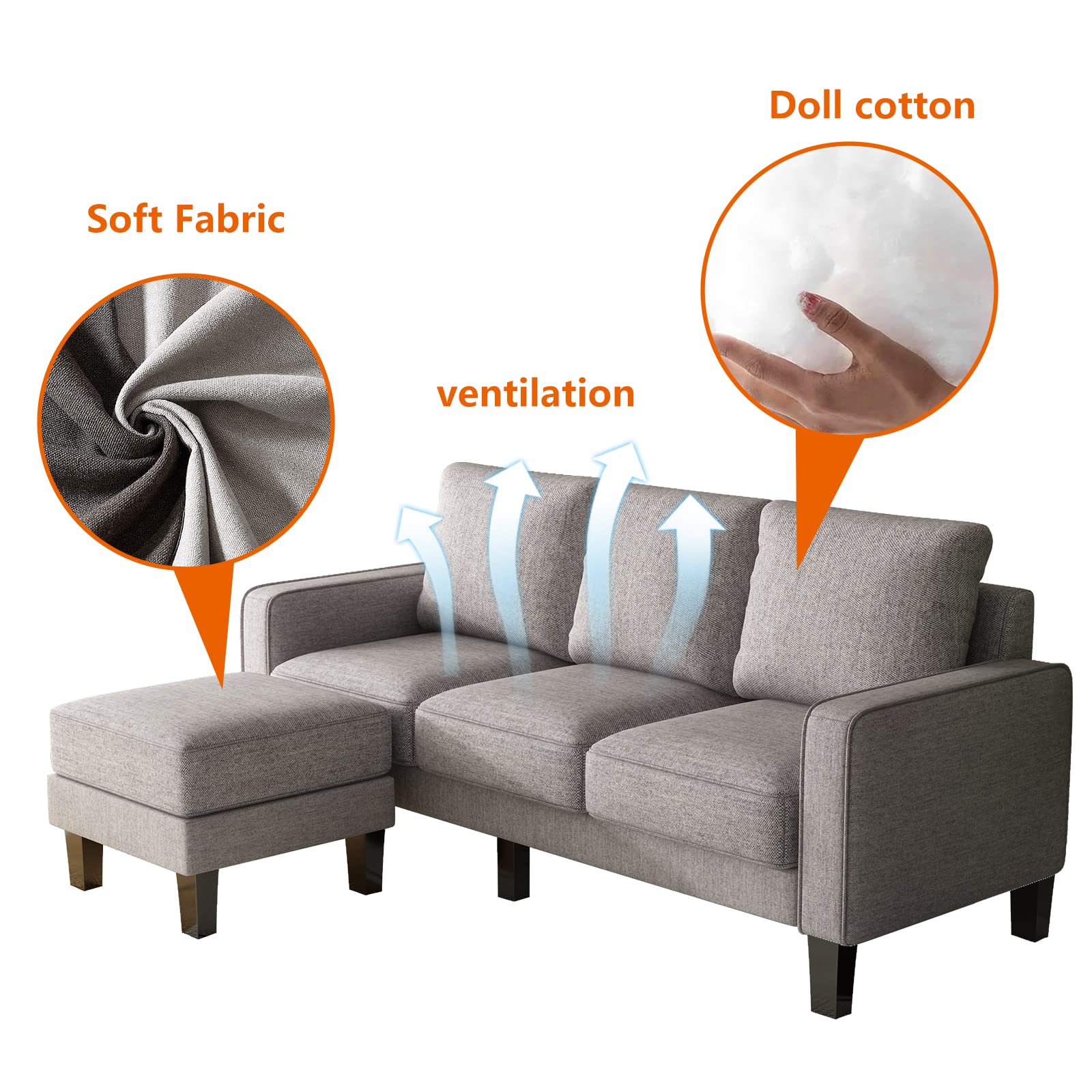 JUSTONE Convertible Sectional Sofa Couch - Modern L-Shaped 3-Seat Reversible Chaise Sofa for Living Room, Apartment & Small Spaces | Easy Assembly Light Grey Fabric | Perfect for Family Gatherings, Movie Nights & Compact Home Decor