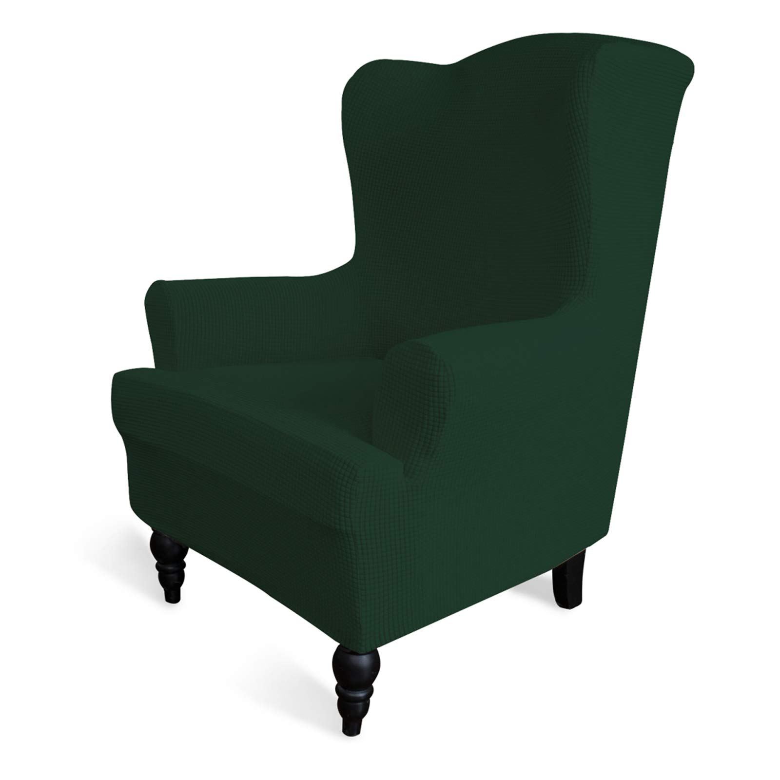 Stretch Wingback Chair Slipcover - 1-Piece Elastic Sofa Cover with Jacquard Fabric - Dark Green Polyester Spandex Furniture Protector for Wing Chair - Perfect for Living Room, Office & Home Decor