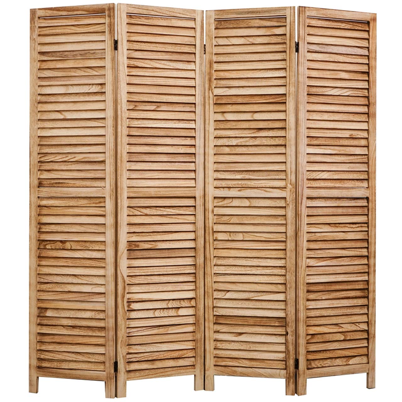 Legacy Decor 4 Panel Wooden Room Divider - Full Length Louver Shutters in Natural Finish | Perfect for Home Office, Bedroom Partition & Privacy Screen