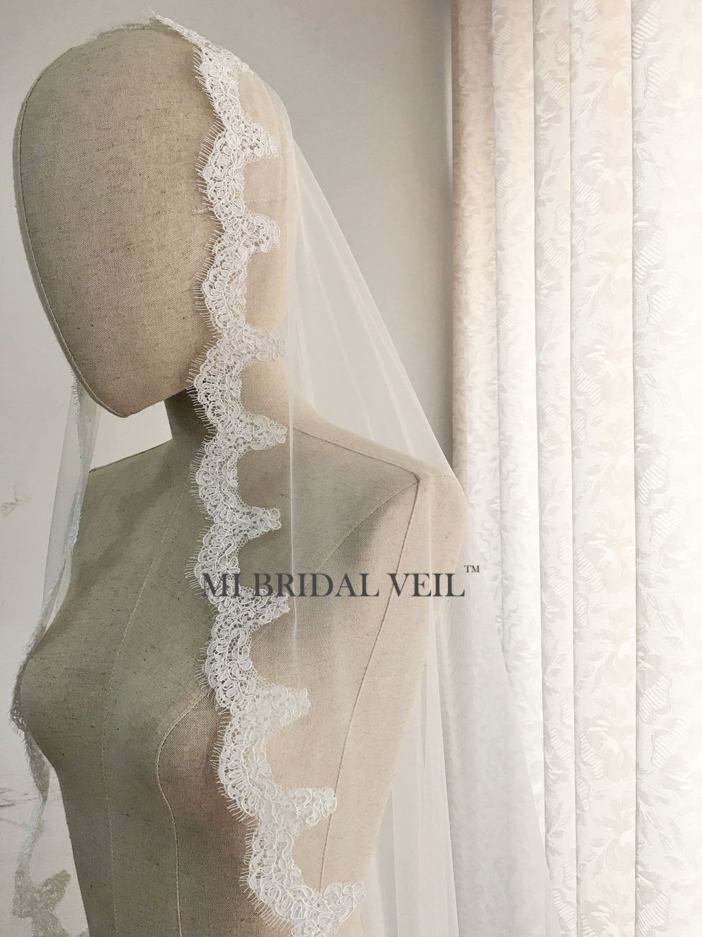 Elegant Mantilla Lace Wedding Veil with Fingertip Length & Delicate Eyelash Lace Trim - Perfect for Bridal Ceremonies, Church Weddings, and Romantic Photos