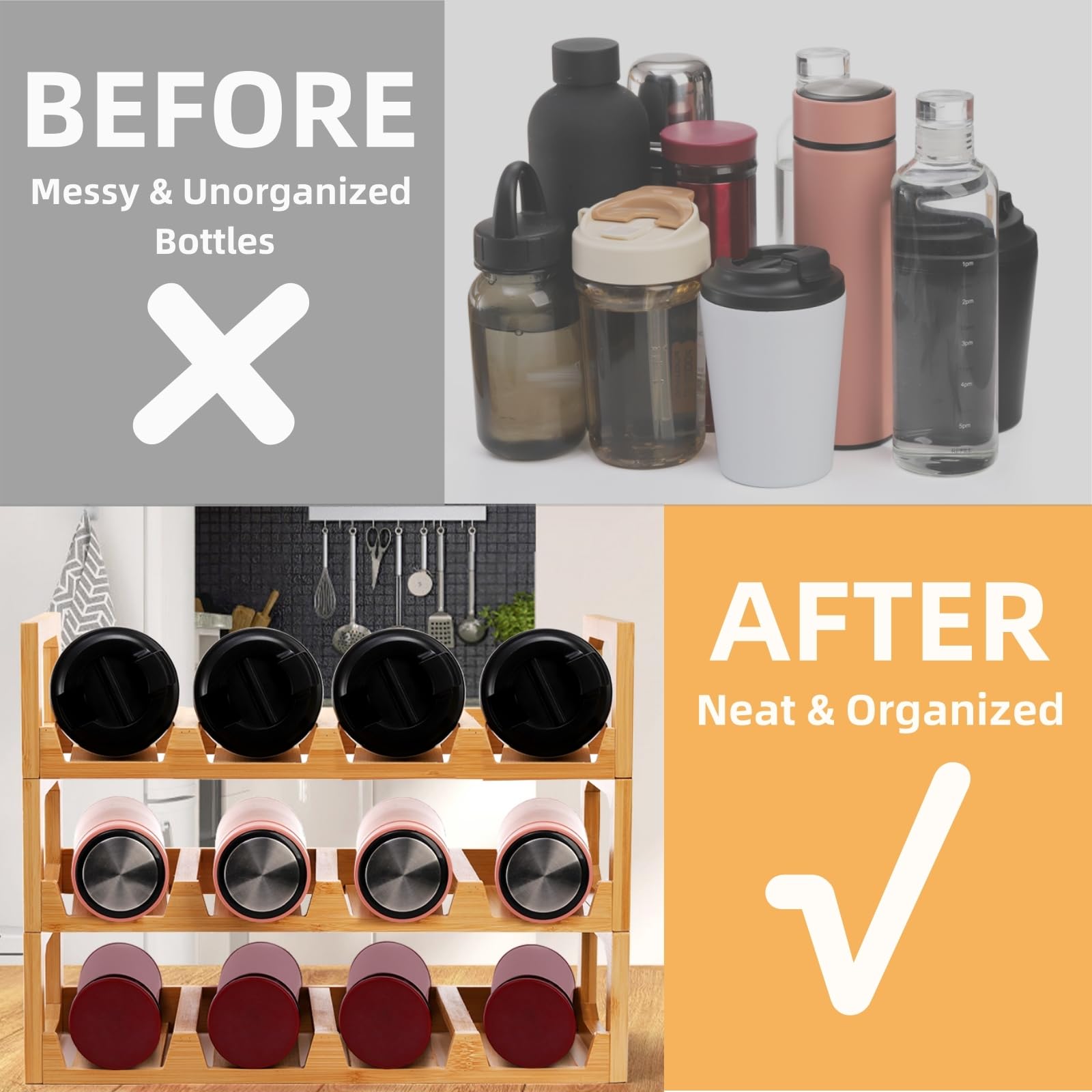 3 Tier Stackable Bamboo Water Bottle Organizer - Space Saving Tumbler & Wine Bottle Storage Rack for Kitchen Cabinet - Holds 12 Bottles - Perfect for Organizing Cups, Tumblers & Wine Bottles in Home or Office