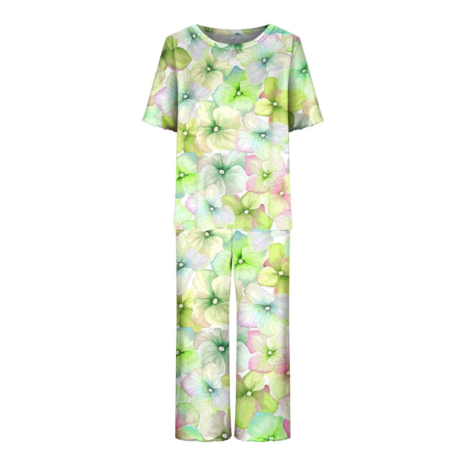 Women's Summer Loungewear Set - Floral Printed Short Sleeve Top & Soft Capri Pants | Comfortable Casual Outfit for Home, Vacation & Relaxation