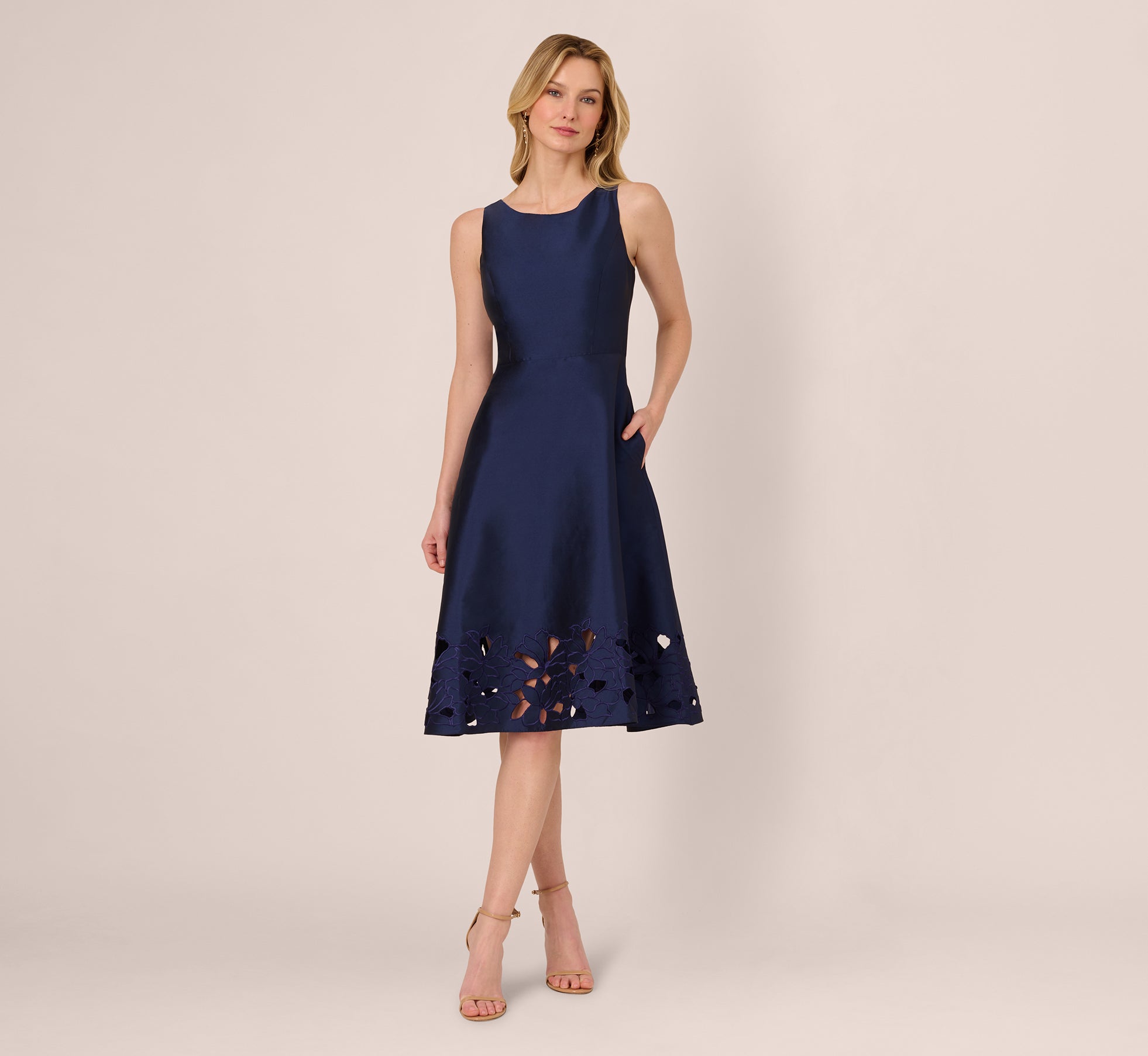 Light Navy Sleeveless Taffeta Floral Cutwork Midi Dress for Women | Summer Beach Wedding Guest Outfit | Elegant Party Cocktail Dress