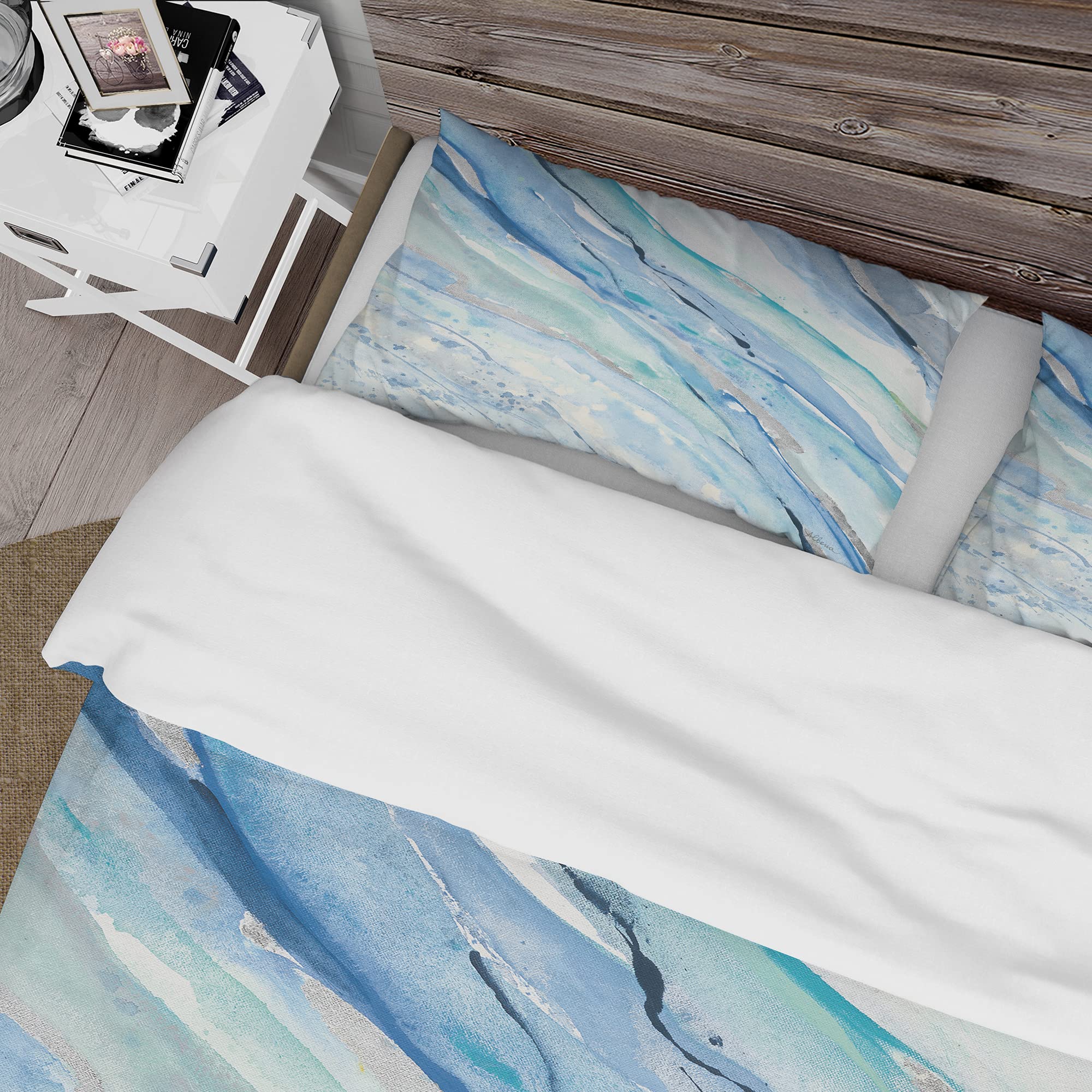 Modern Blue Silver Duvet Cover Set King - Cottage Bedding for All Seasons