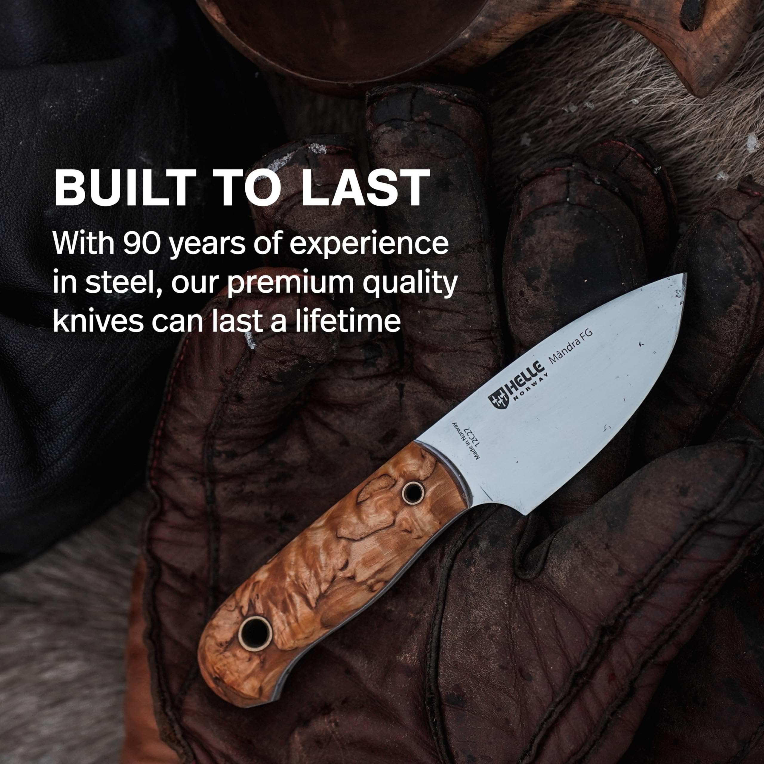 HELLE Knives - Mandra FG - Full Tang Stainless Steel Fixed Blade Hunting & Camping Knife with Sheath | Curly Birch & Vulcan Fiber Handle | Outdoor Survival, Bushcraft & Wilderness Adventures