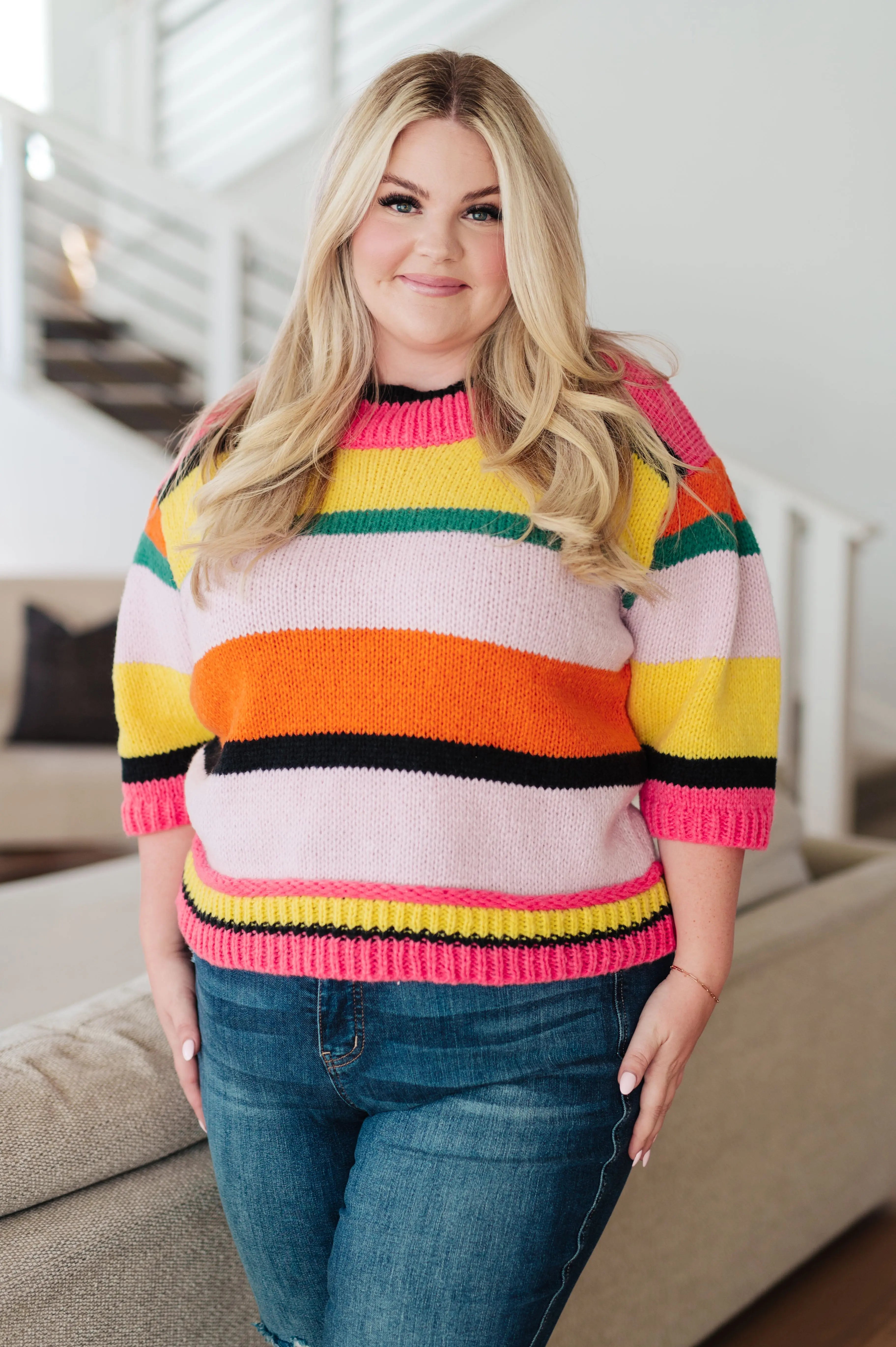 Bright Side Striped Sweater for Women - Cozy Knit Pullover with Long Sleeves - Perfect for Fall & Winter Outfits, Casual Wear and Office Attire