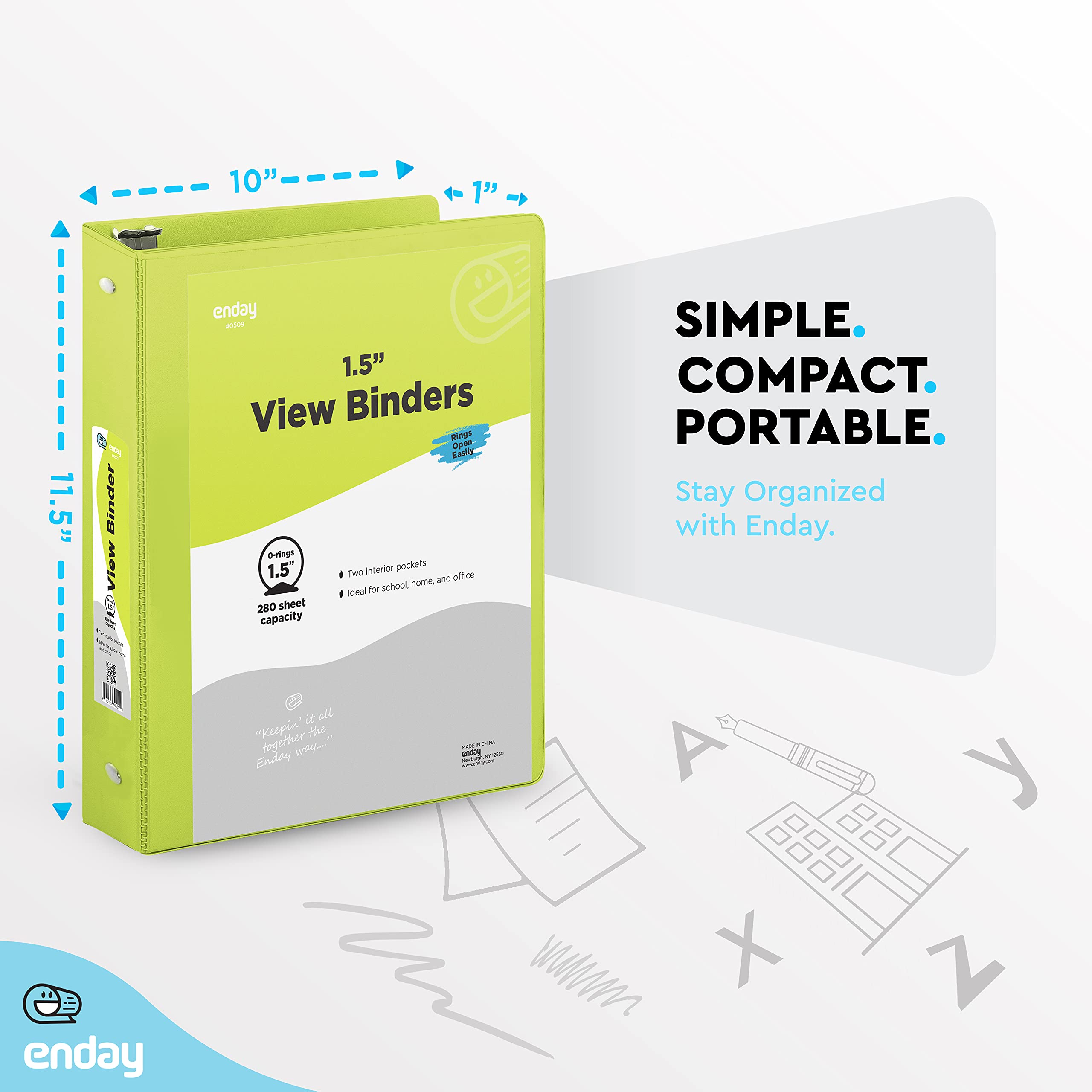 Enday 1.5 Inch Green 3-Ring Binder with Clear View Cover & 2 Inside Pockets - Durable School & Office Supplies for Organizing Documents, Homework, and Presentations - Perfect for Students, Teachers, and Professionals