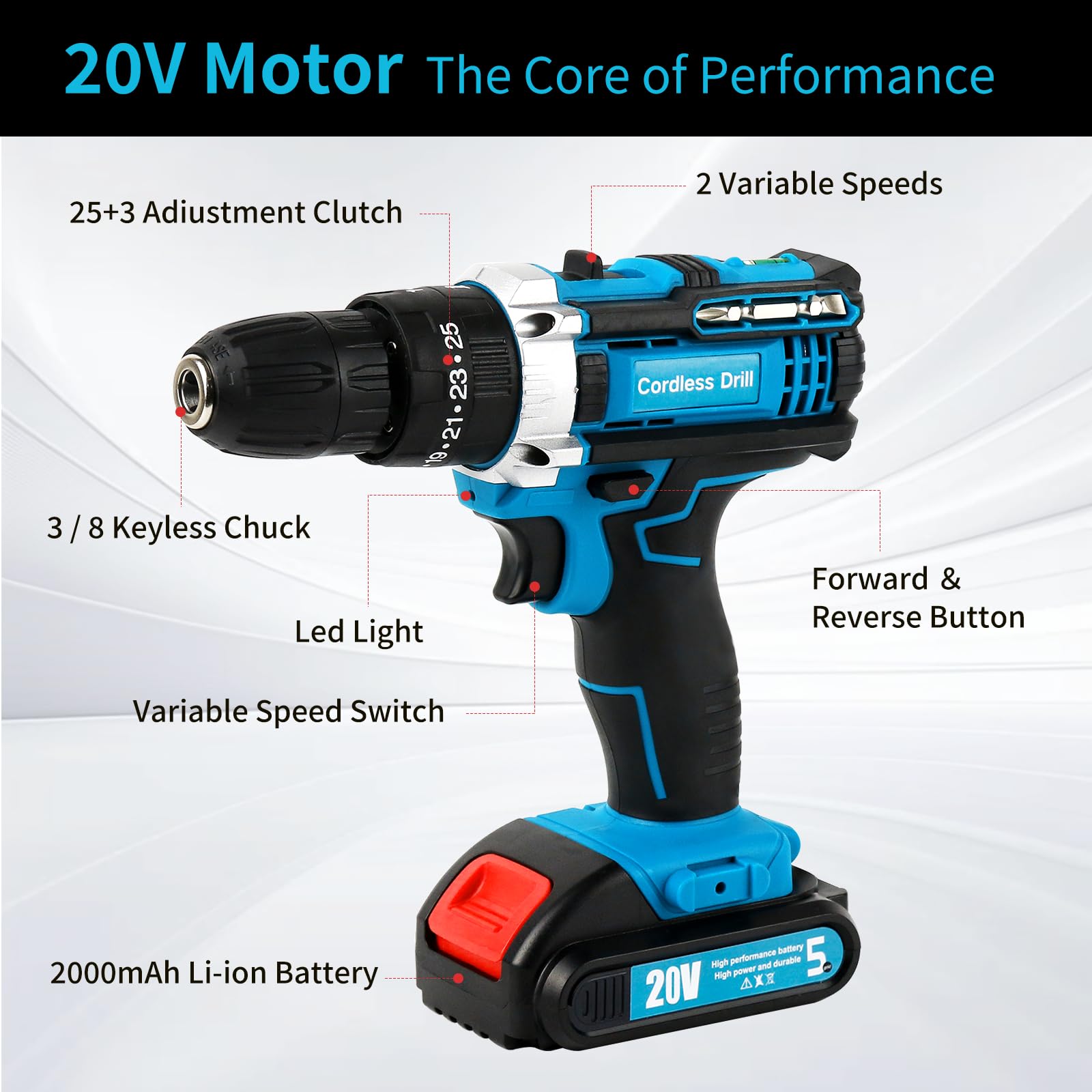 21V Cordless Power Drill Set with Battery & Charger - 3/8