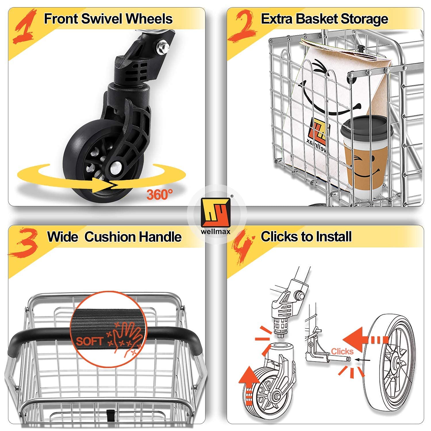 Wellmax WM99024S Heavy Duty Shopping Cart with 360° Swivel Wheels & WM99025S Double Basket Grocery Cart - Perfect for Supermarkets, Warehouse Stores & Home Use