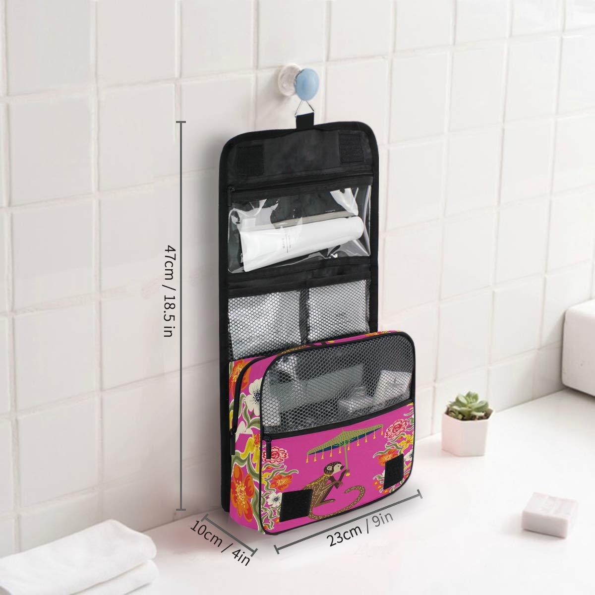 **AUUXVA Retro Chinoiserie Monkey Flower Hanging Toiletry Bag - Waterproof Cosmetic Organizer with Zipper Pockets & Handle - Portable Travel Makeup Bag for Women, Men & Girls - Perfect for Vacations, Gym & Daily Use**