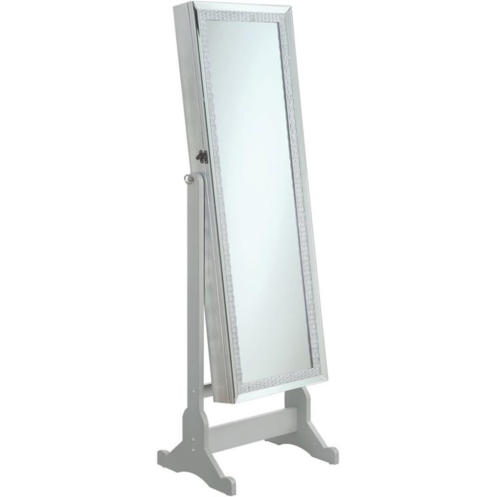 BOWERY HILL Modern Jewelry Cheval Mirror with Crystal Trim in Silver - Full Length Dressing Mirror for Bedroom, Vanity & Closet Organization
