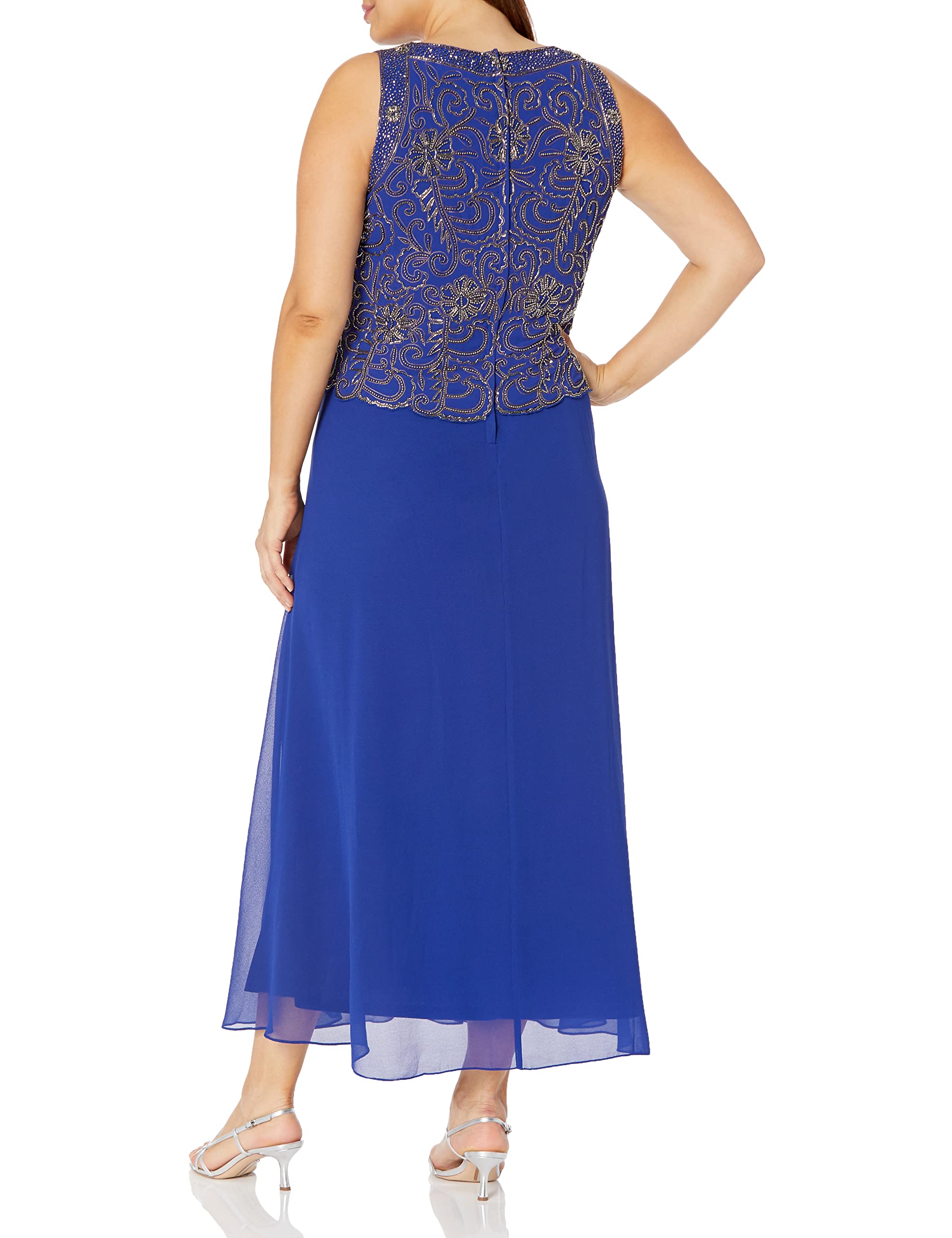 J Kara Women's Plus Size Sleeveless Scallop Neckline Beaded Maxi Dress with Detachable Scarf - Elegant Evening Gown for Weddings, Parties & Special Occasions