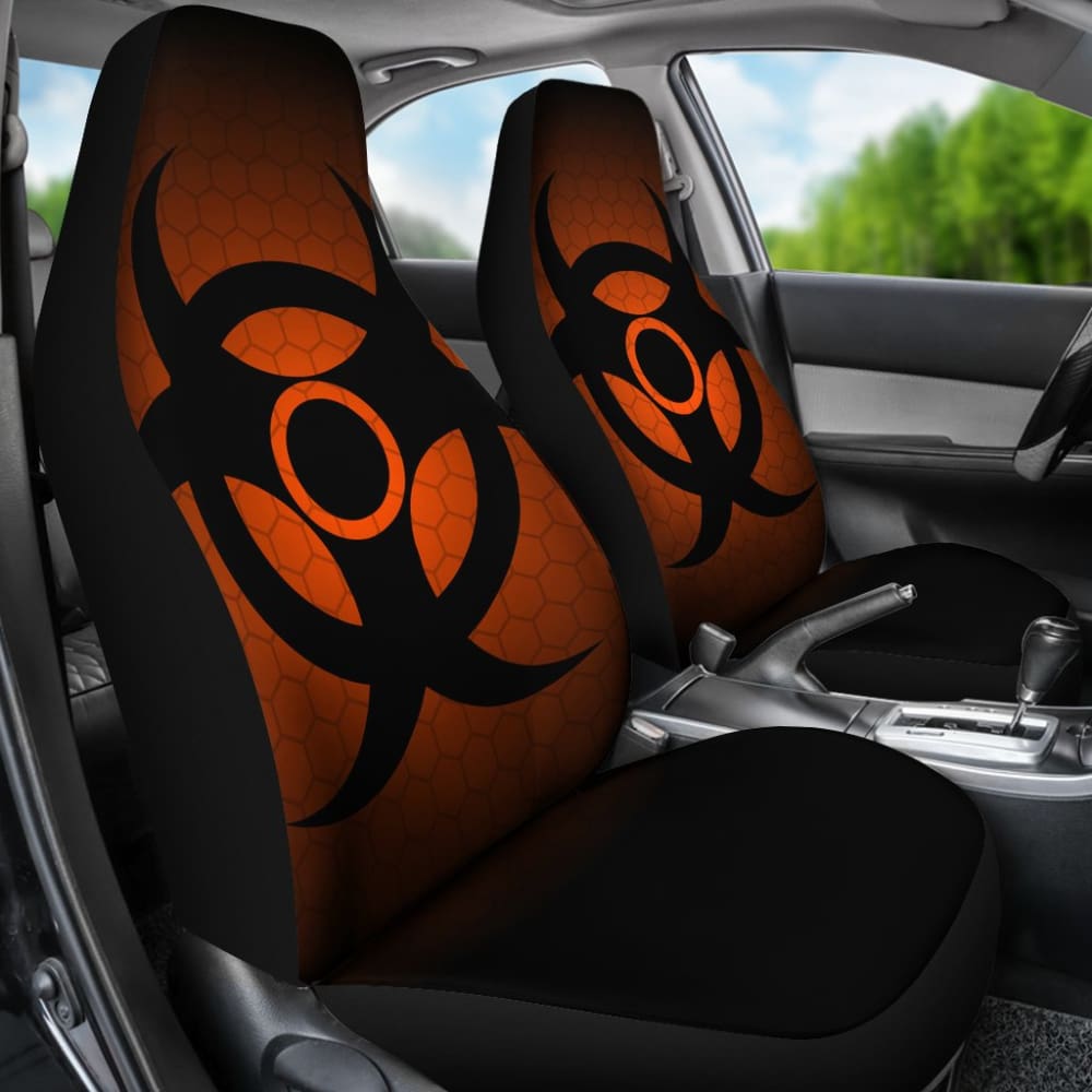 Black Biohazard Warning Car Seat Covers with Orange Background - Waterproof & Durable Protection for Vehicles - Perfect for Halloween, Cosplay, and Apocalypse Themed Events