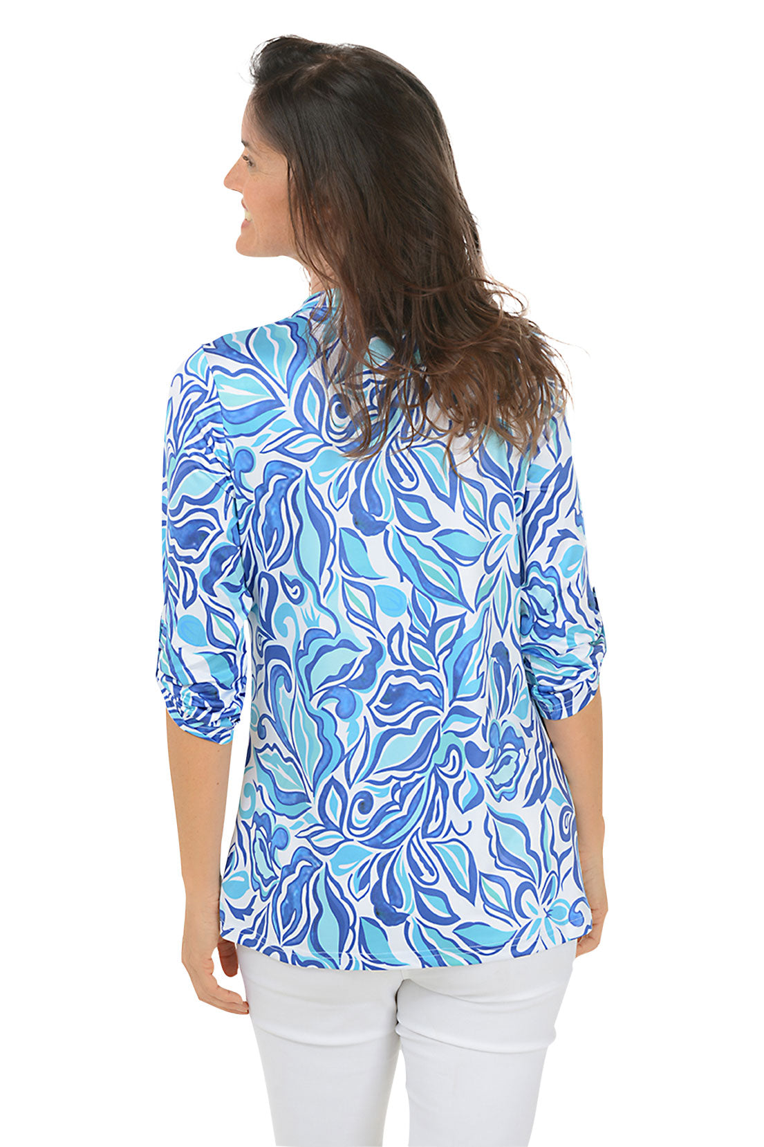 Blue Hibiscus UPF50+ Sun Protection Roll Sleeve Top for Women - Lightweight Quick-Dry Beach Shirt for Swimming, Surfing & Outdoor Activities