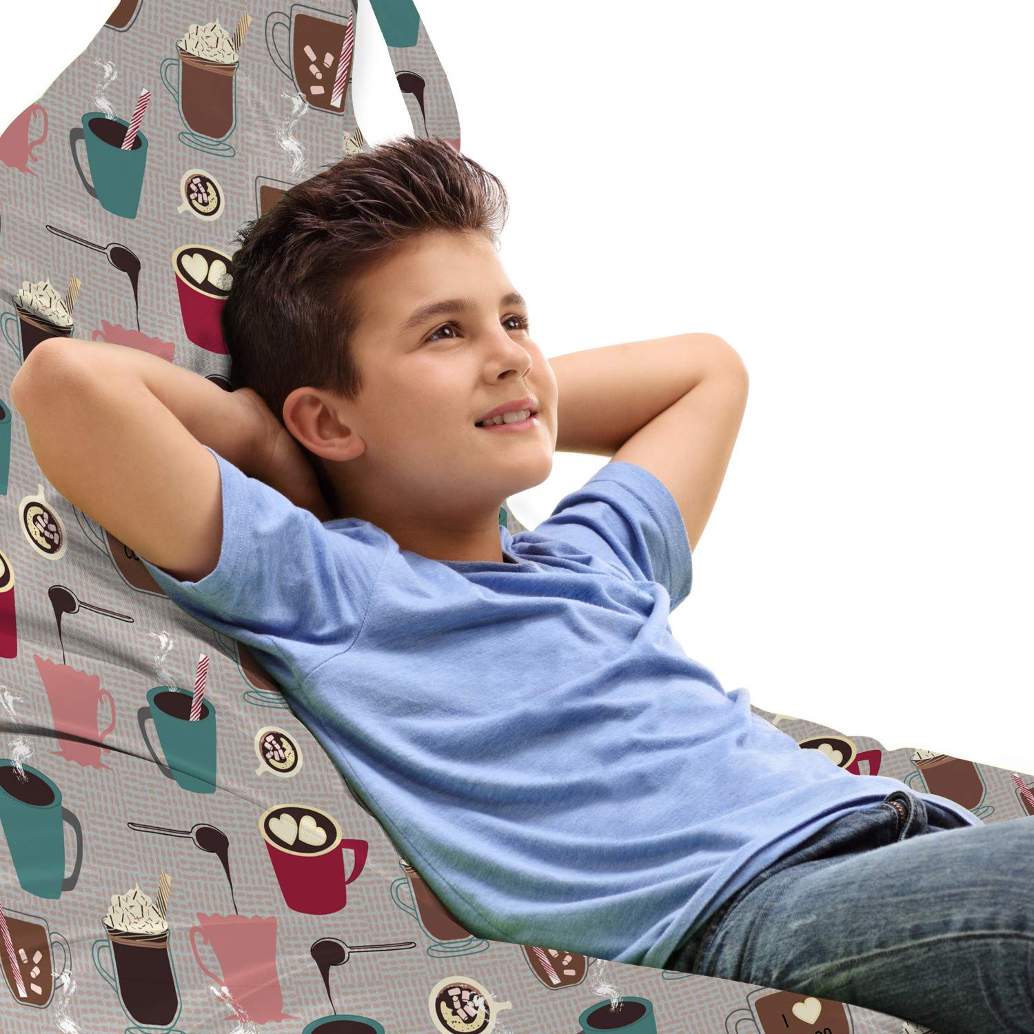 Lunarable Coffee Lounger Chair Bag - I Love Cocoa Themed Mocha Cups & Cafe Hot Chocolate Drink Retro Graphic Art - High Capacity Storage with Handle - Perfect for Picnics, Beach Trips & Outdoor Relaxation