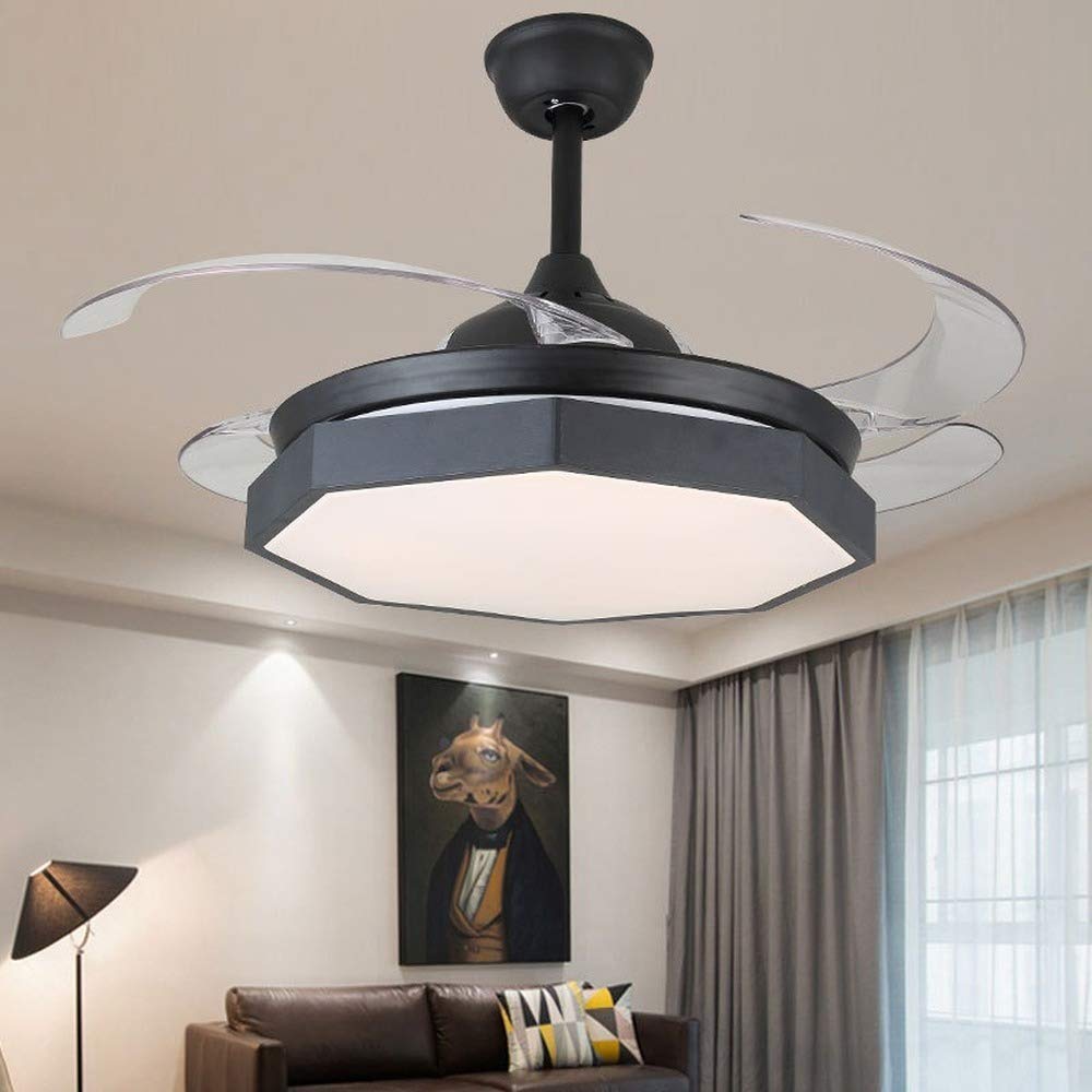 42 Inch Invisible Reversible Ceiling Fan with LED Lights and Remote Control - 4 Retractable Blades, Modern Fan Chandelier for Bedroom, Living Room, Dining Room - Quiet DC Motor, Energy Efficient Indoor Ceiling Fan Light Combo (Black) | Perfect for Home Cooling and Stylish Lighting Decor