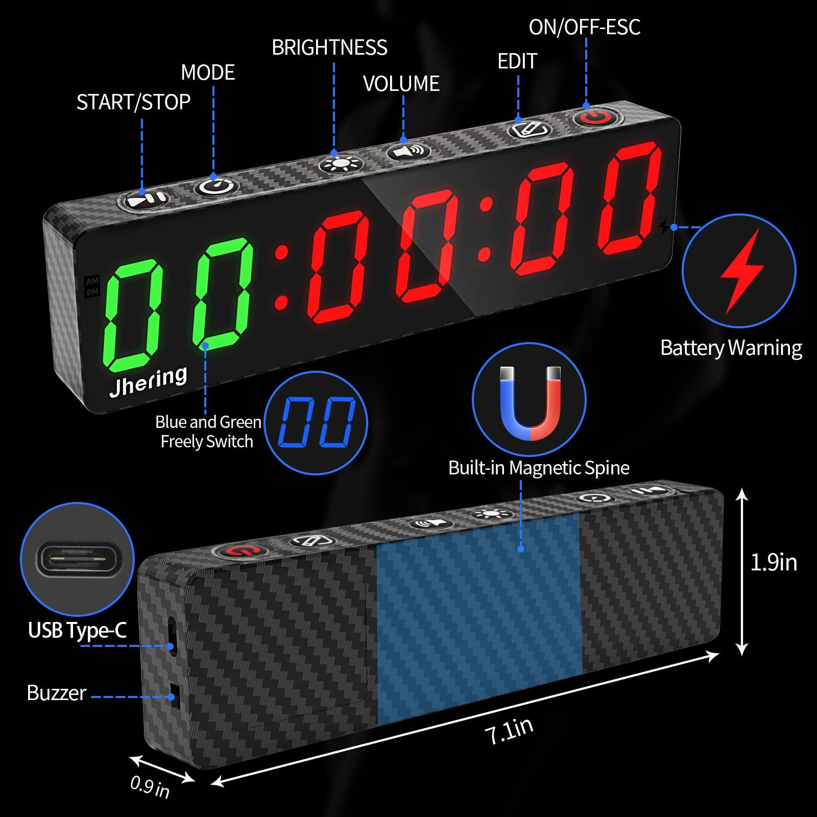 Upgraded Gym Timer - Portable Interval Workout Timer with Rechargeable Battery, Built-in Magnet & LED Digital Anti-Vertigo Display - Perfect for Home Gym, Garage Fitness, CrossFit & HIIT Training
