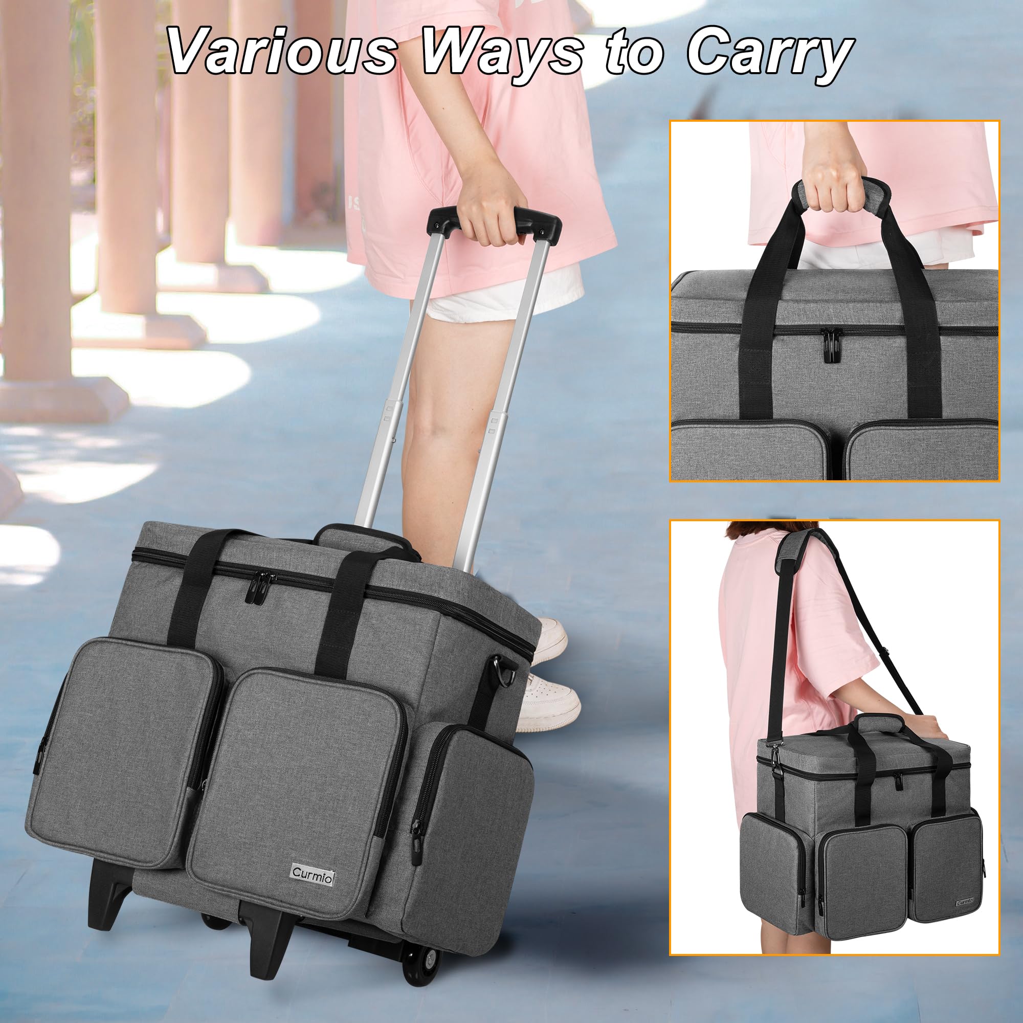 CURMIO Rolling Scrapbook Tote with Wheels - Portable Scrapbook Storage Bag with Detachable Trolley & Wooden Base | Craft Organizer for Scrapbooking Supplies (Gray) | Perfect for Craft Fairs, Workshops & Home Organization
