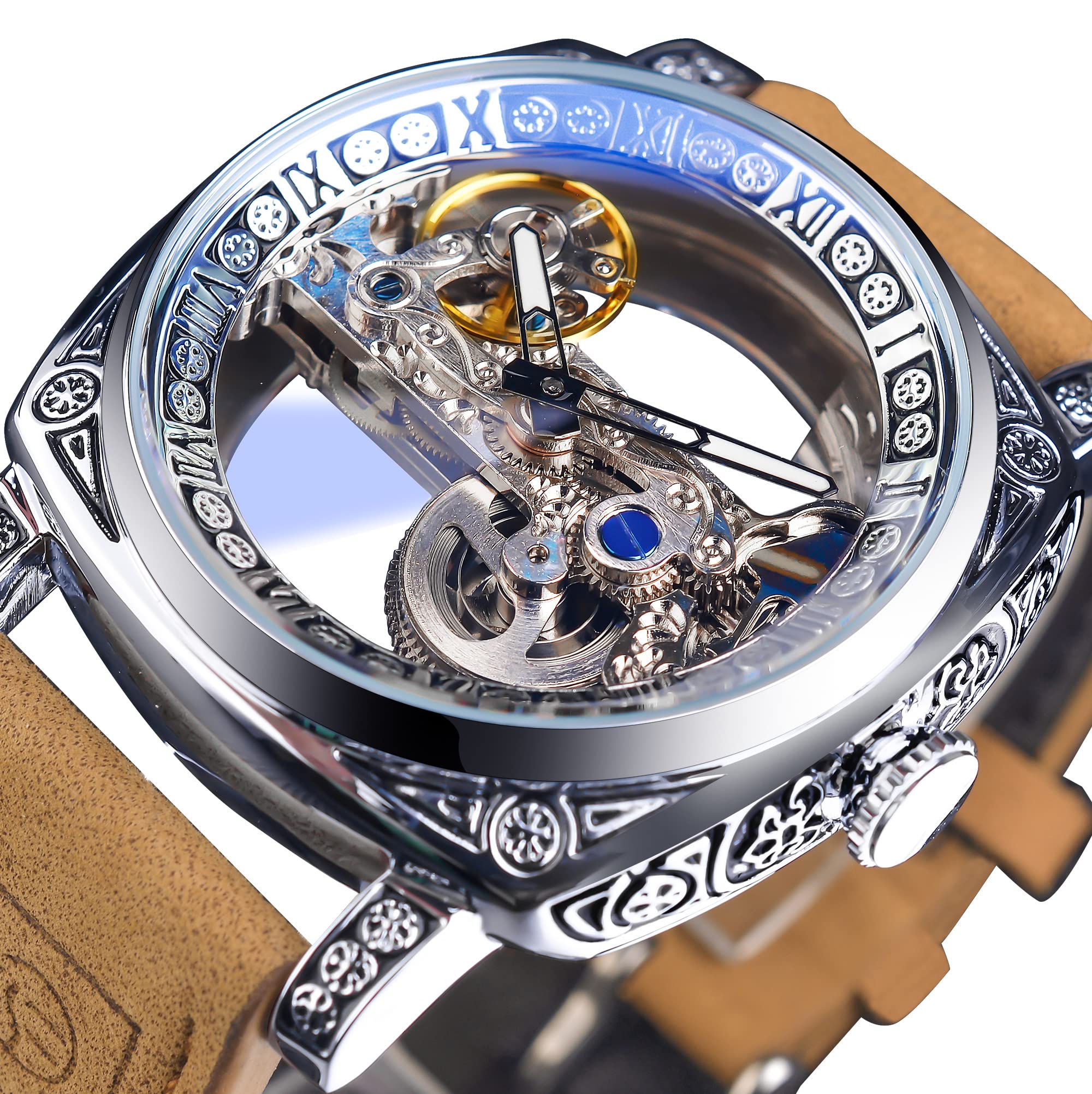 FORSINING Men's Automatic Watch - Skeleton Square Dial, Leather Strap for Business & Casual Wear