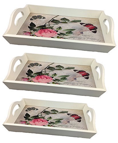 3-Piece Wooden Serving Trays Set with Butterfly Design in Pink - Elegant Wooden Tray for Dining, Breakfast, Party, and Home Decor (LN 47-4)