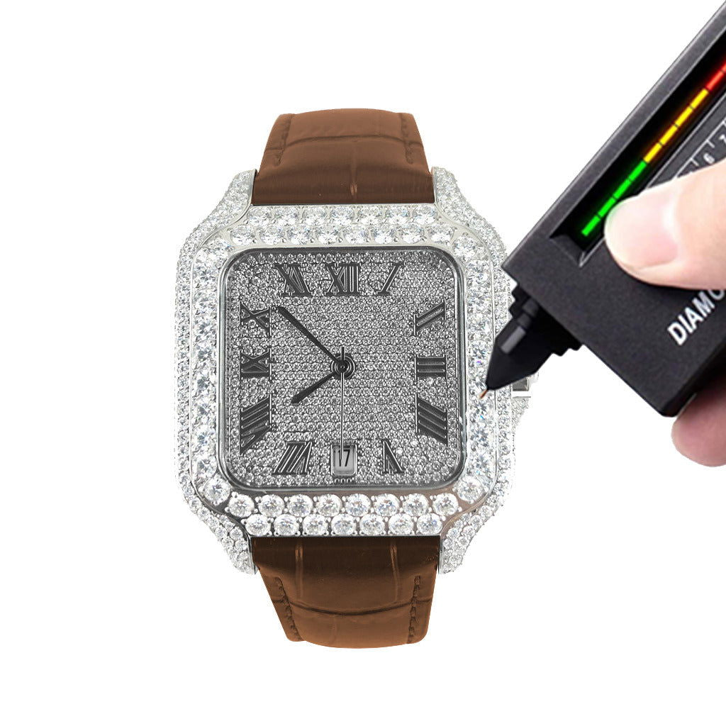 Luxury Moissanite Brown Crocodile Leather Strap Watch for Men - Perfect for Business, Formal Events & Everyday Wear