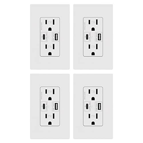 15Amp 24W USB C Outlet with Power Delivery - 4 Pack UL Listed Tamper-Resistant Wall Charger (125V) - Perfect for Smartphones, Tablets & Smart Home Devices - Safe Childproof Design for Bedrooms, Kitchens & Offices