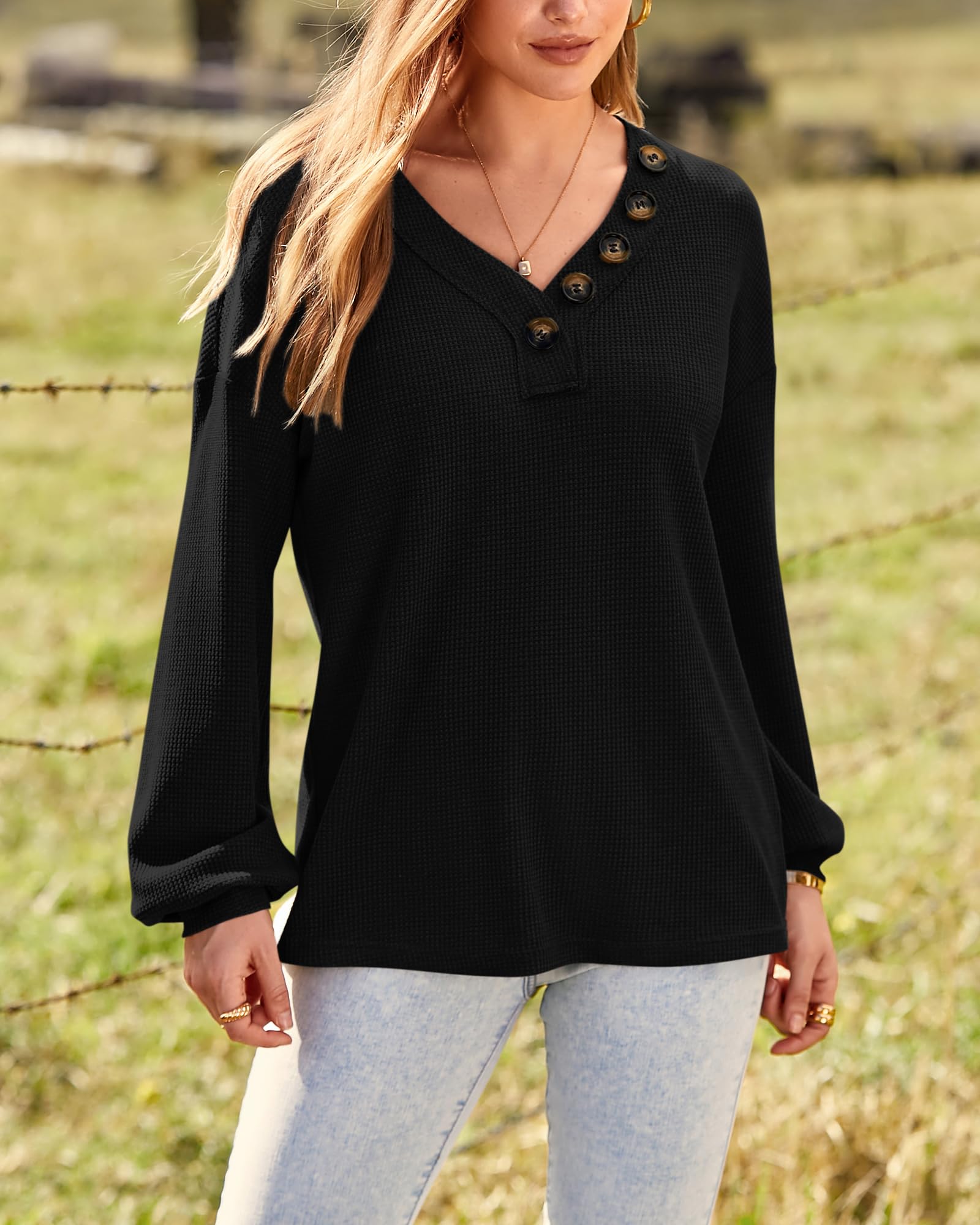 BTFBM Women's Long Sleeve V-Neck Blouse - 2025 Fall Fashion Loose Casual Pullover Top with Decorative Buttons & Lightweight Waffle Knit Fabric | Perfect for Office Wear, Autumn Layering and Weekend Outfits
