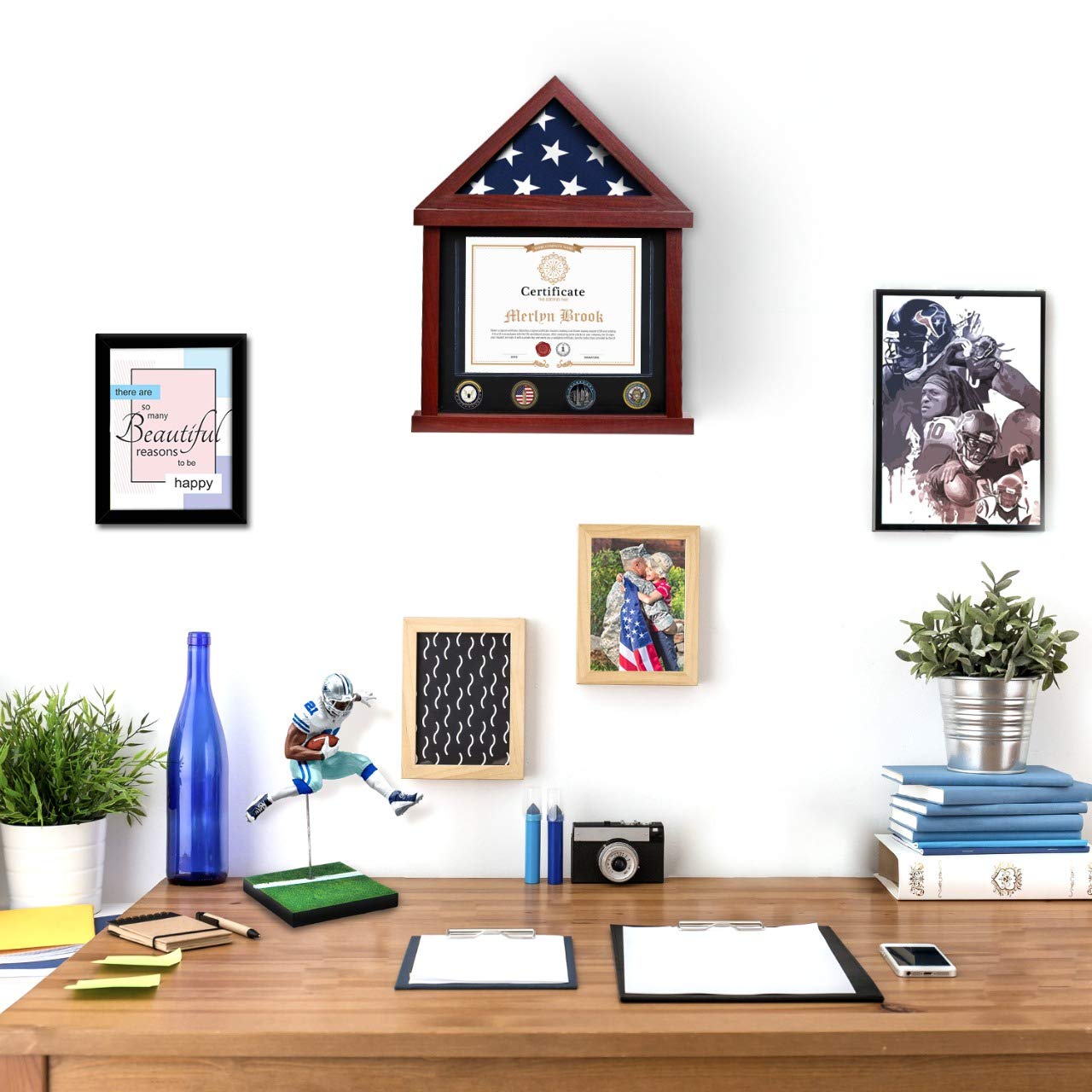 FlyBold Military Shadow Box Display Case - 3x5 ft American Flag with Certificate, 95% Flag Coverage, Mahogany Frame & Whiskey Decanter Set (28oz Globe with 2 Glasses & Funnel) - Perfect for Home Decor, Man Cave, Military Memorabilia Display & Whiskey Lover Gifts