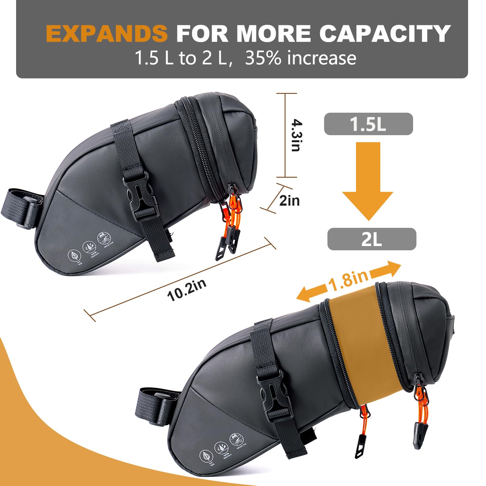 NDakter 2L Large Capacity Waterproof Bike Seat Bag - Adjustable Bicycle Saddle Pouch with Reflective Coating | Under Seat Storage for Tools & Accessories | Perfect for Road Bikes, Mountain Bikes & Commuting