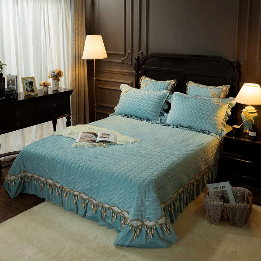 King Size Quilted Bedspread Set - 3 Piece Summer Crystal Velvet Bedding with Tassel Lace Trim, Blue (250x270cm) | Luxury Bed Cover for Master Bedroom, Guest Room & Dorm Decor