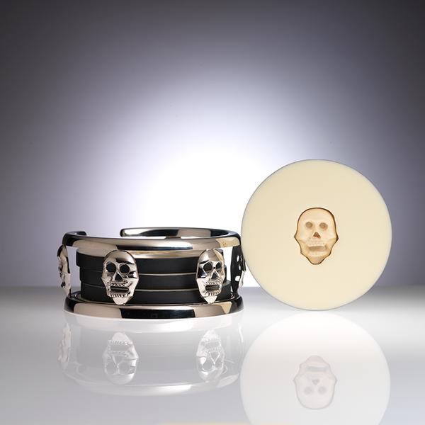 Premium Skull Metal Coaster Set with 4 Durable Resin Coasters - Gothic Home Bar Decor for Whiskey, Beer & Cocktail Glasses - Perfect for Man Cave, Halloween Party & Gothic Themed Events