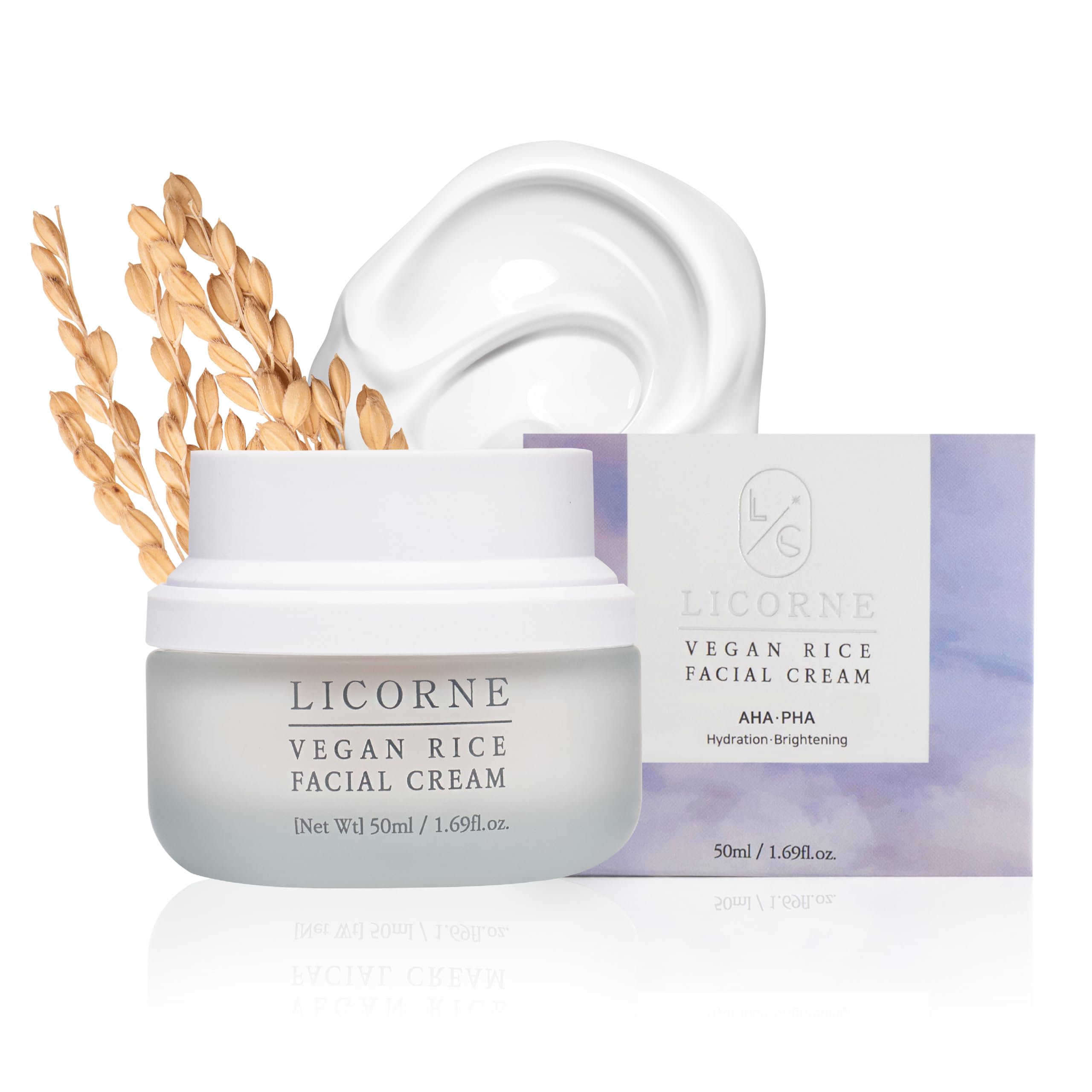 LICORNE Vegan Rice Facial Cream 1.69 fl.oz - Korean Skincare for Dry & Sensitive Skin - Hydrating Moisturizer for Day & Night Use