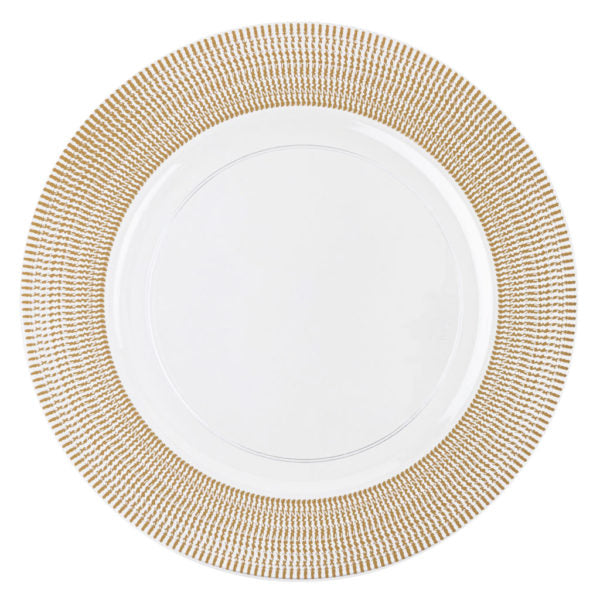 13 Inch Clear & Gold Textured Rim Plastic Charger Plates - Set of 4 - Elegant Dinner Party Tableware for Weddings, Holidays & Formal Dining