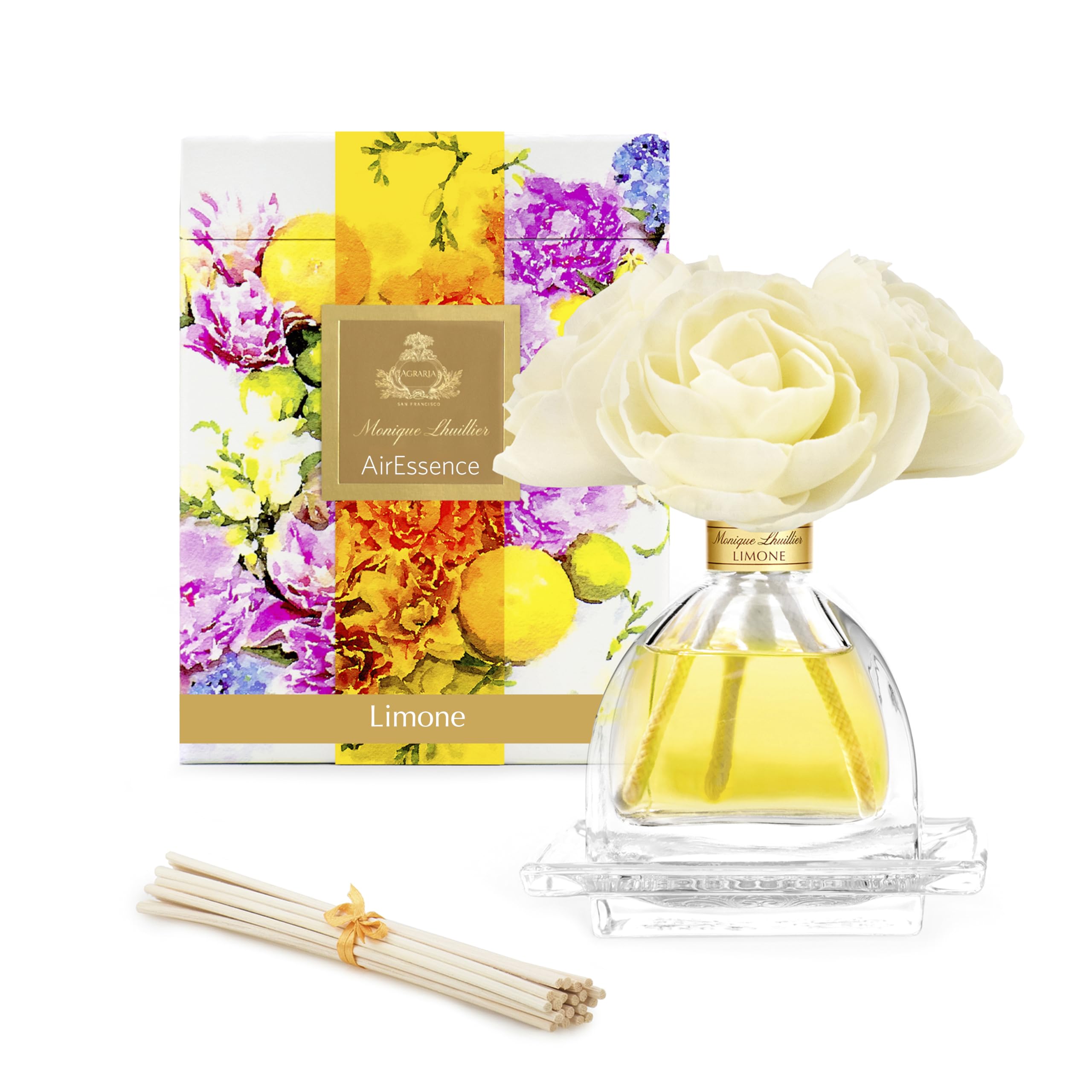 AGRARIA Monique Lhuillier Limone Scented AirEssence Diffuser - 7.4 oz Reed Diffuser with Natural Reeds & Floral Accents | Perfect for Home, Office, Bedroom & Bathroom Aromatherapy