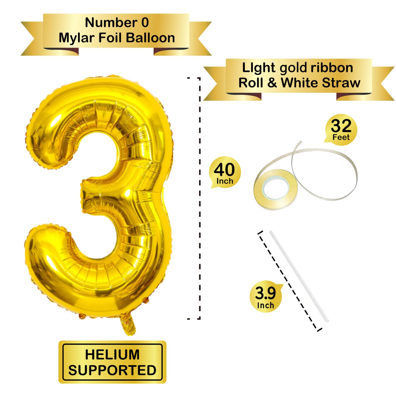 40 Inch Gold Number Balloons - Helium Mylar Foil Balloons for Birthday Party Decorations (Number 3) - Perfect for 3rd Birthday, Anniversary, Baby Shower & Special Events - Party Supplies for Kids & Adults