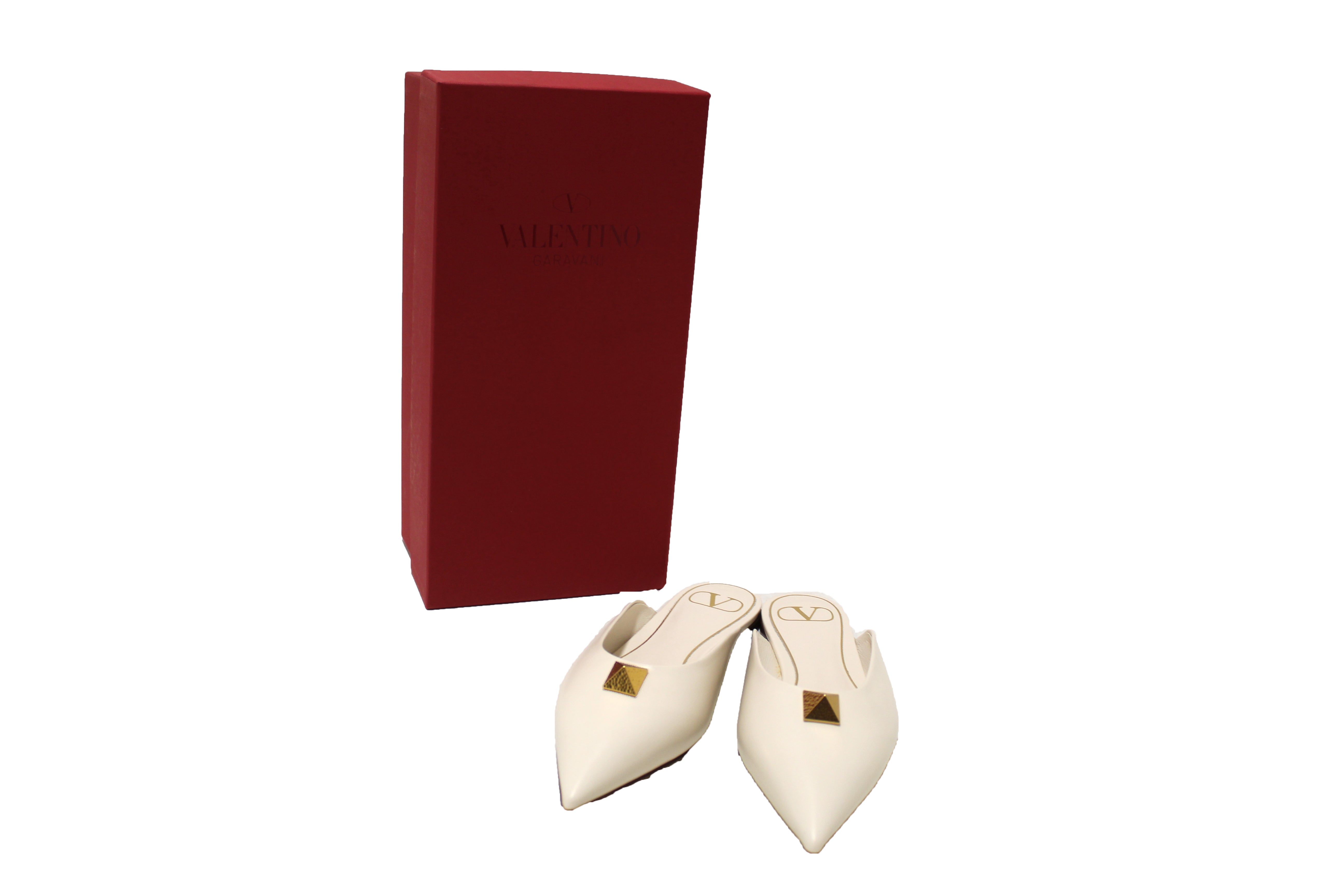 Authentic Valentino White Max Stud Mules - Women's Size 37 Flat Shoes | Luxury Designer Slides for Casual Outings, Date Nights & Summer Fashion