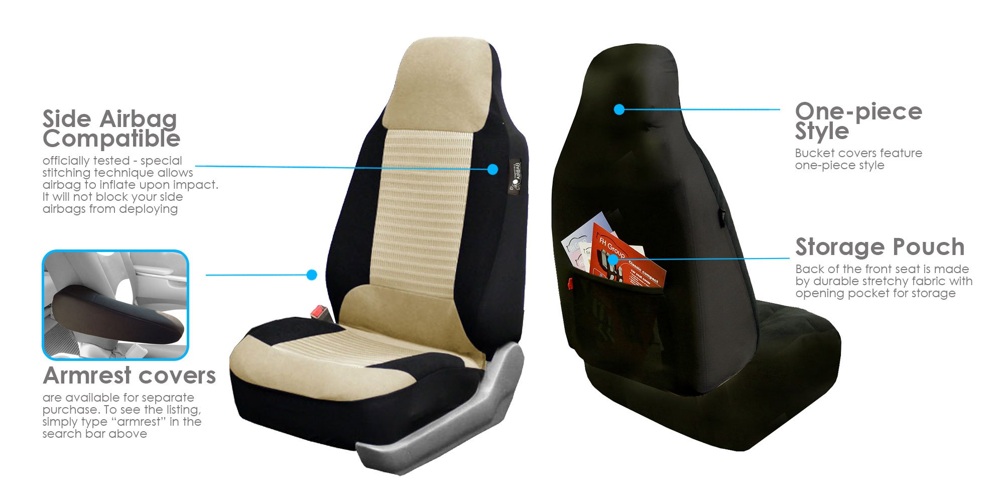 Premium FH Group Car Seat Covers Full Set - Beige Universal Fit Airbag Compatible Split Rear Design for Cars, Vans, Trucks & SUVs | Durable Fabric Protection for Daily Commute, Road Trips & Family Travel
