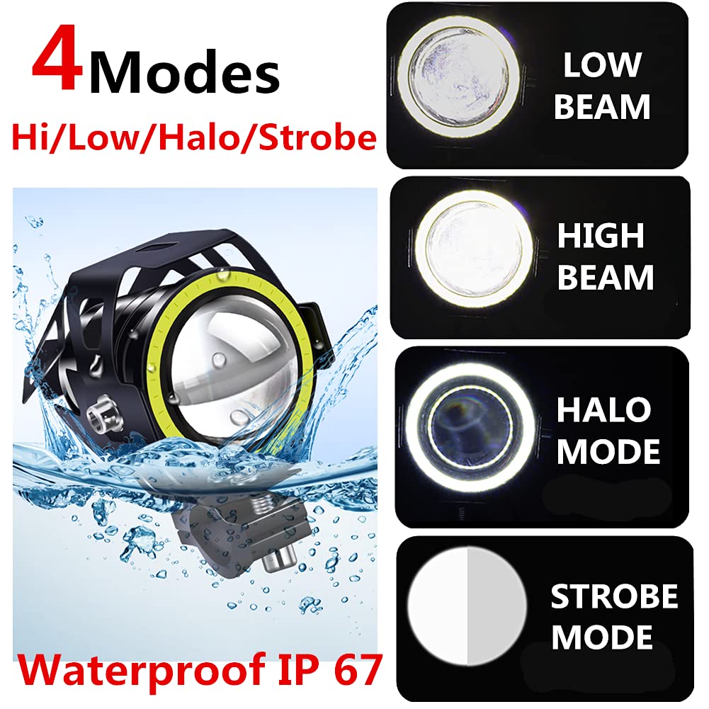 Ourbest U7 LED Motorcycle Fog Lights - White Halo/Strobe Modes for Safe Night Riding