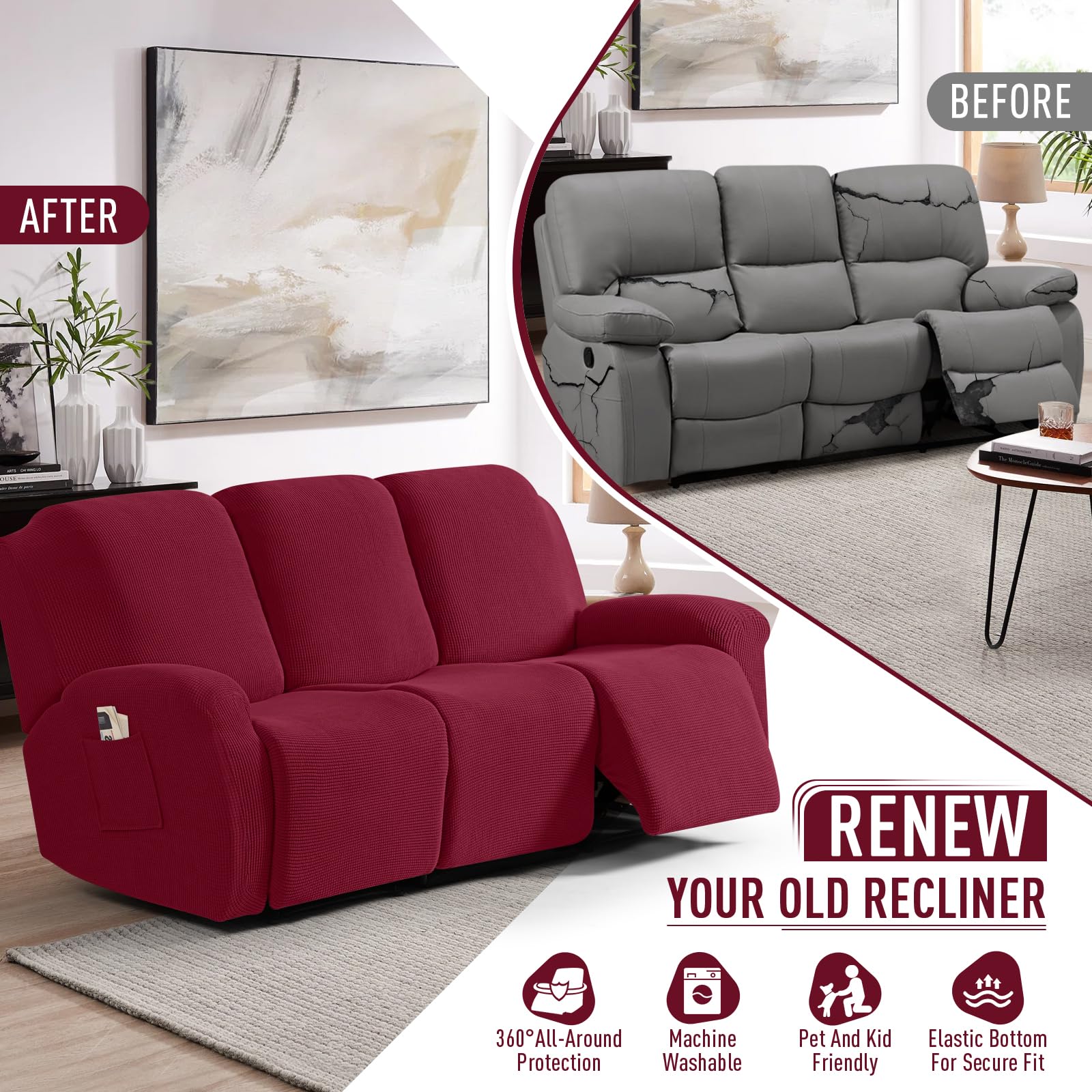 TAOCOCO 8-Piece Stretch Recliner Sofa Cover Set - Soft Jacquard Fabric Slipcover for 3-Seater Reclining Couches, Burgundy Furniture Protector - Perfect for Living Room, Home Theater & Family Gatherings