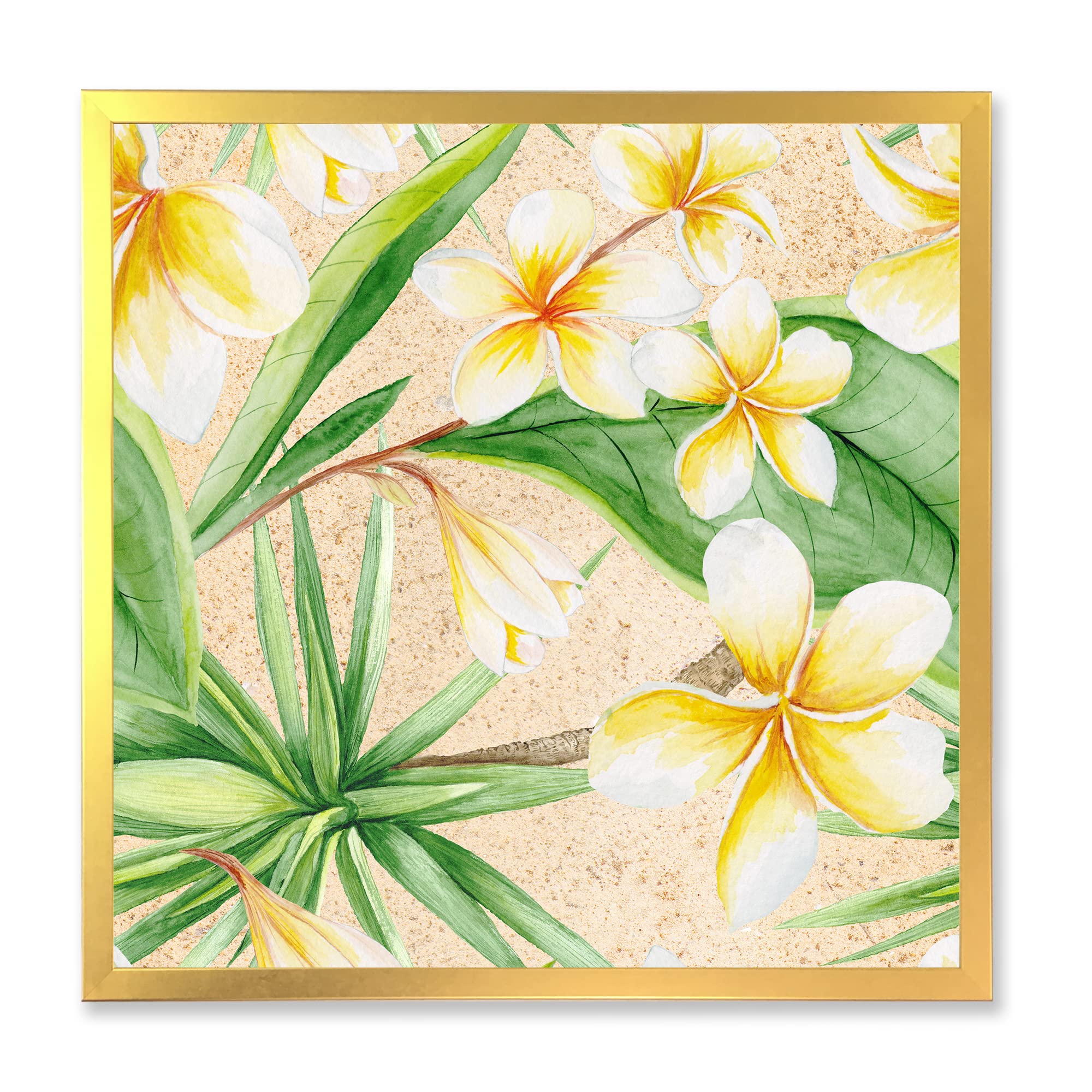 Tropical Foliage & Yellow Flowers XI Traditional Framed Wall Art - Vintage Botanical Print for Living Room, Bedroom & Office Decor