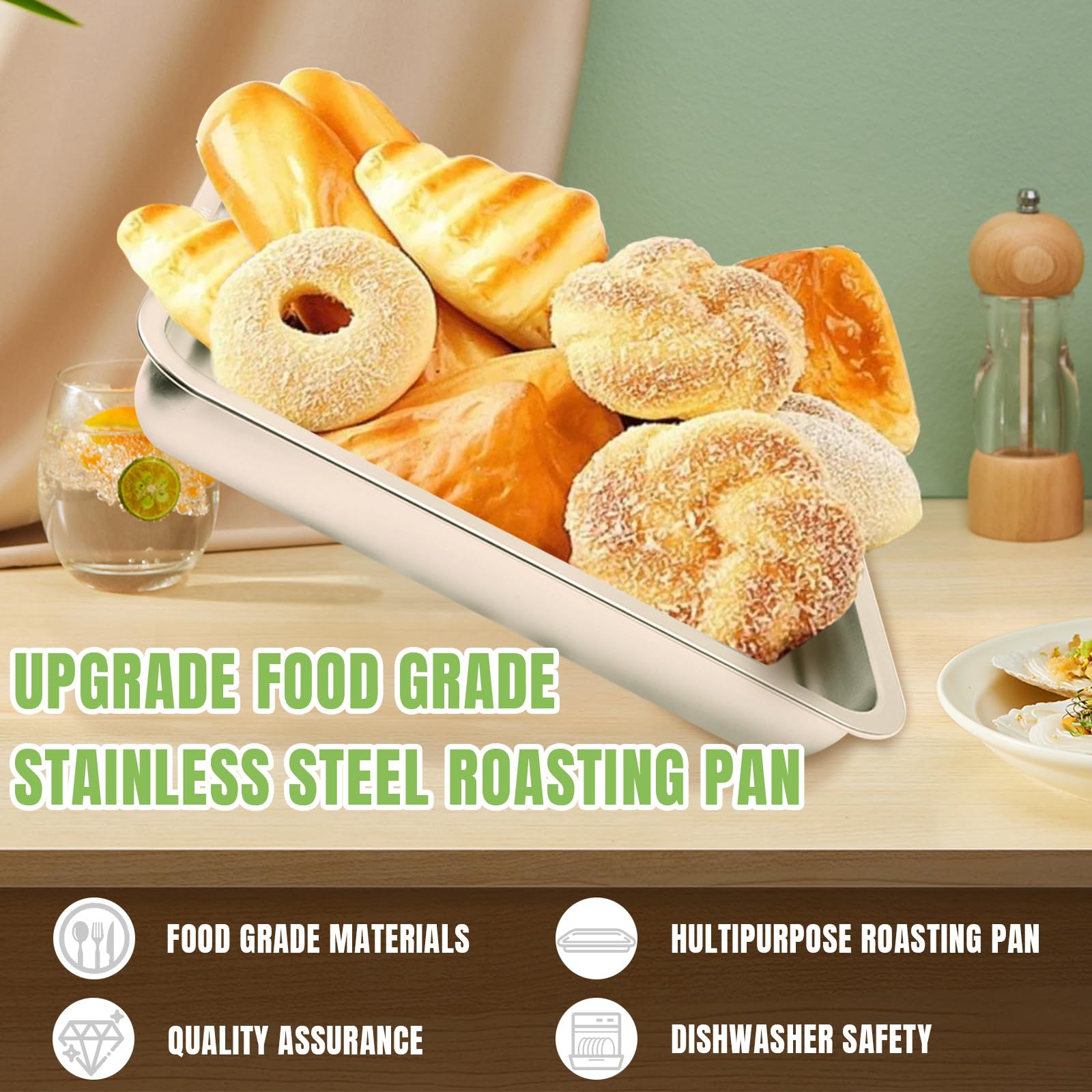 KAMaster 15.5 Inch 304 Stainless Steel Roasting Pan - Nonstick Large Roaster for Turkey, Chicken, Green Eggs - Oven & Dishwasher Safe - Perfect for Holiday Baking, Grilling & Family Dinners